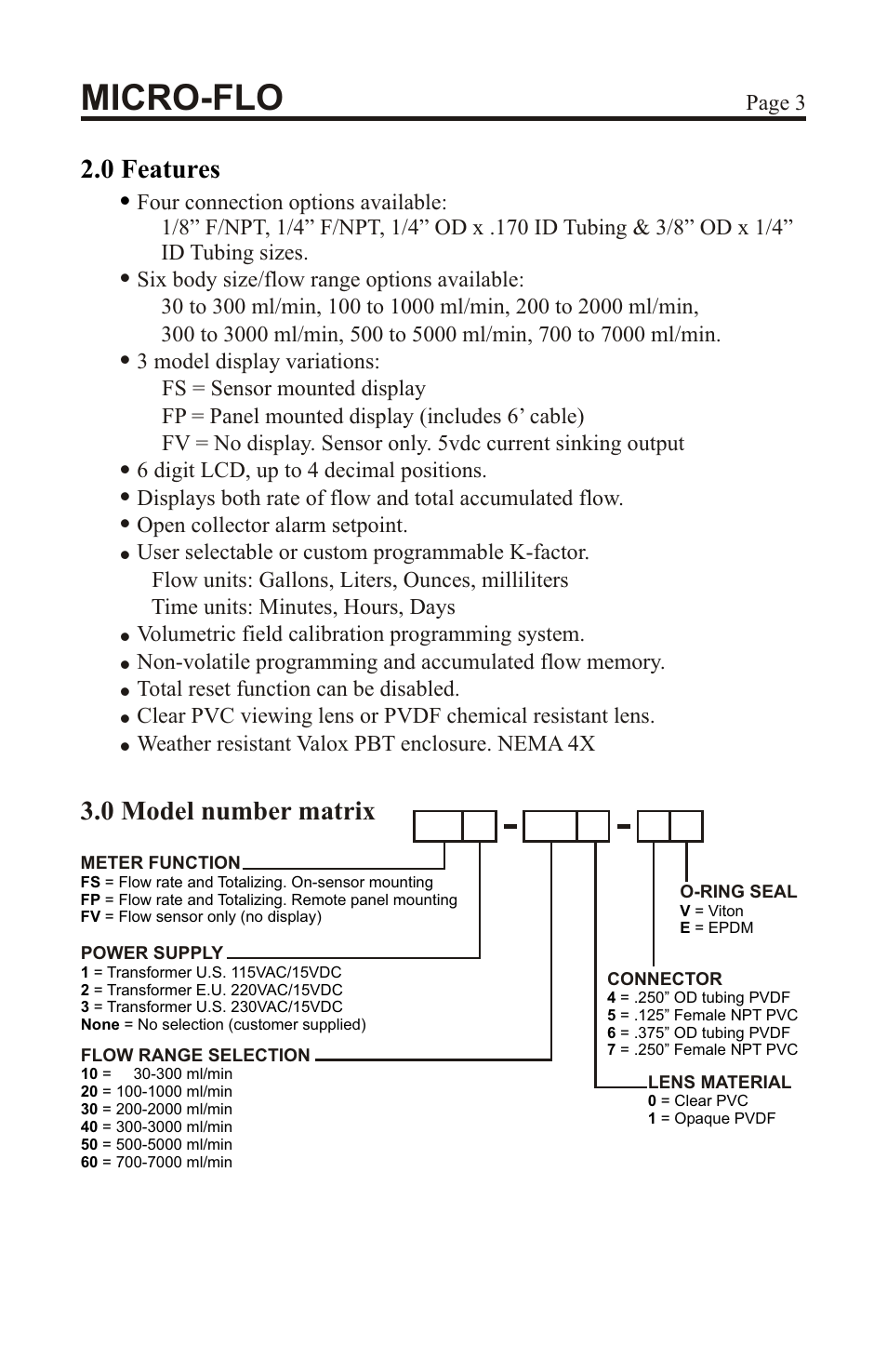 Micro-flo, 0 features, 0 model number matrix | Xylem MICROFLO PADDLEWHEEL FLOWMETERS User Manual | Page 3 / 12