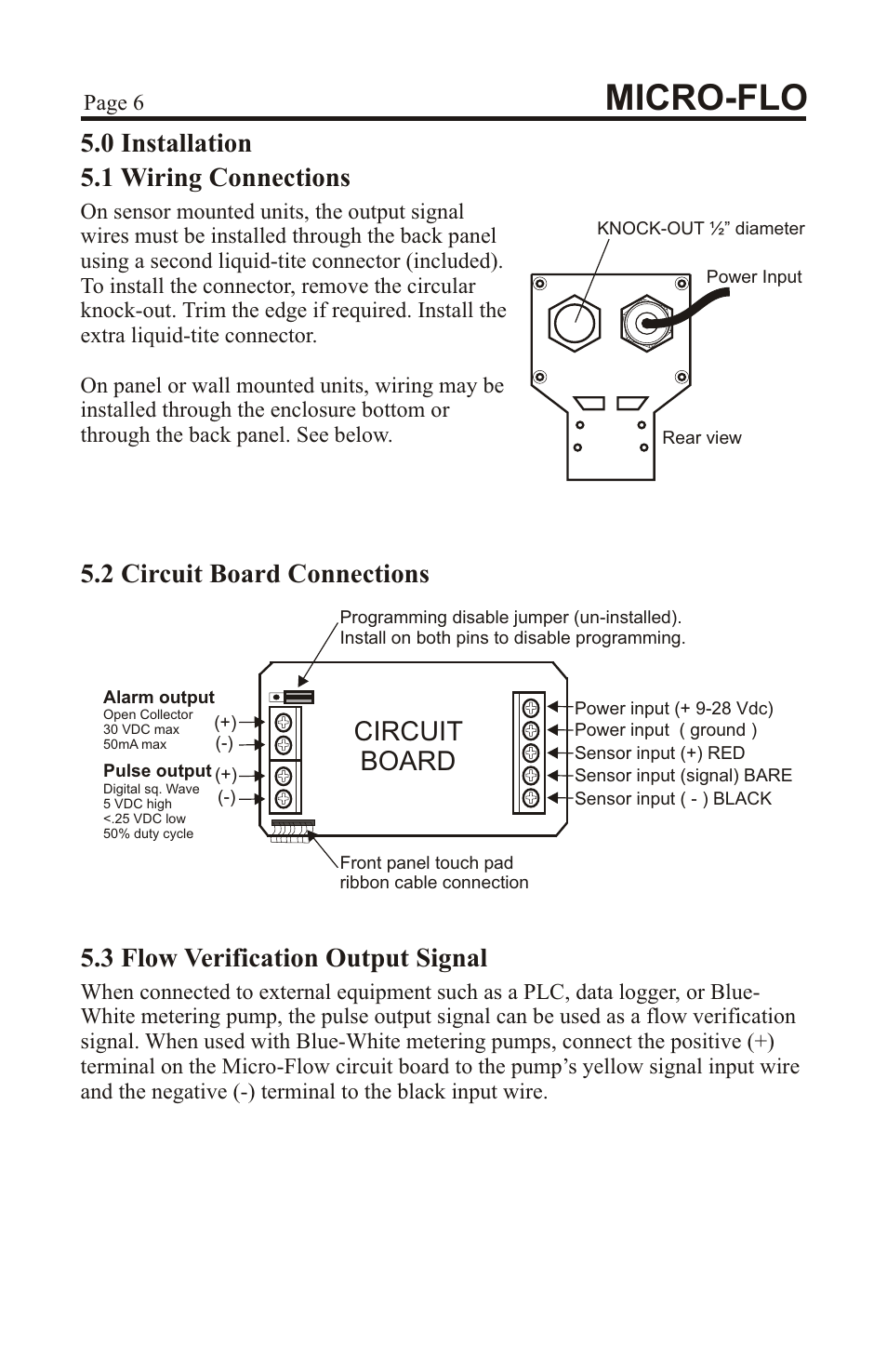 Micro-flo, 0 installation 5.1 wiring connections, Circuit board | 3 flow verification output signal, 2 circuit board connections | Xylem MICROFLO PADDLEWHEEL FLOWMETERS User Manual | Page 6 / 12