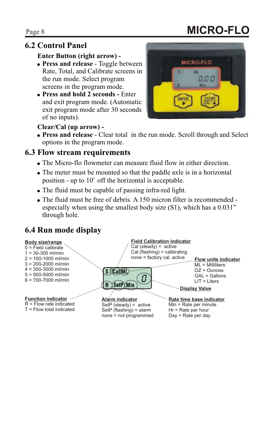 Micro-flo, 2 control panel, 4 run mode display | 3 flow stream requirements | Xylem MICROFLO PADDLEWHEEL FLOWMETERS User Manual | Page 8 / 12