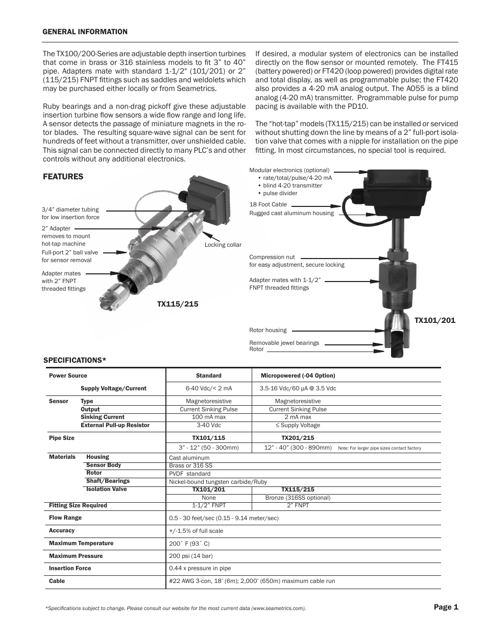 Features | Xylem TX100/200-SERIES ADJUSTABLE TURBINE FLOW METERS User Manual | Page 3 / 12