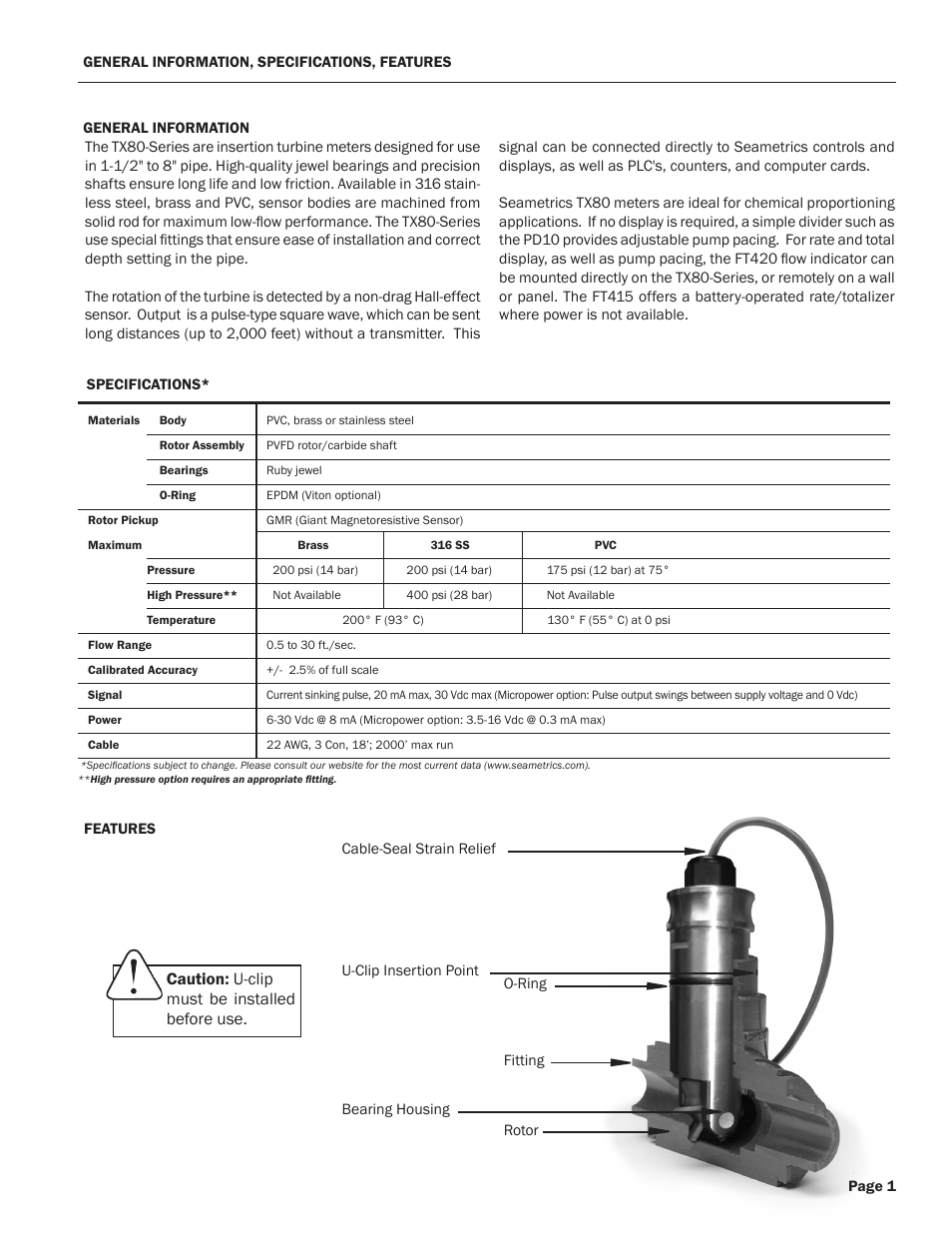 Caution: u-clip must be installed before use | Xylem TX80-Series TURBINE INSERTION FLOW METERS User Manual | Page 3 / 12