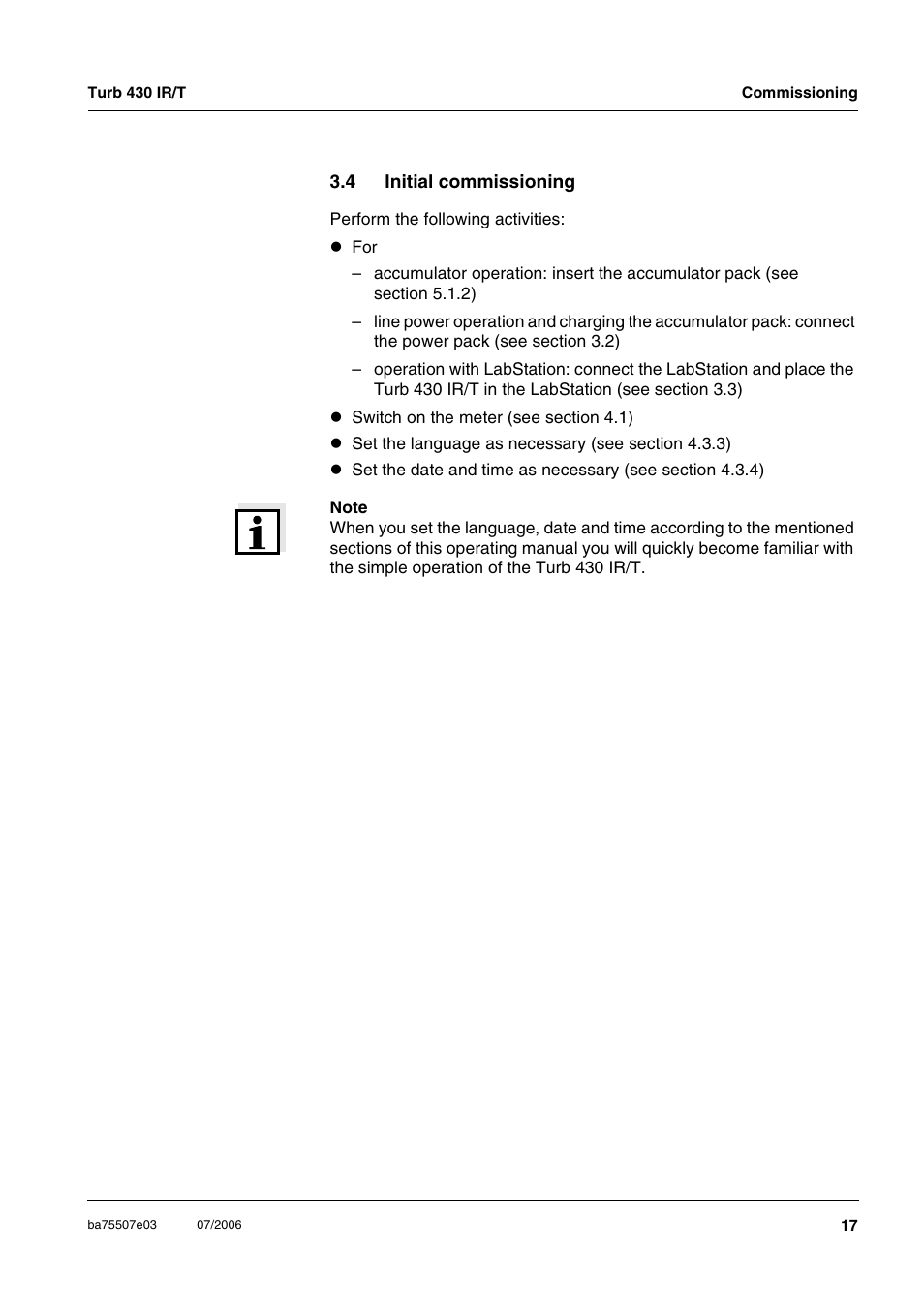 4 initial commissioning, Initial commissioning | Xylem TURB 430 PORTABLE TURBIDITY METER User Manual | Page 17 / 71