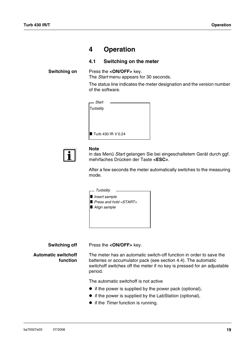 4 operation, 1 switching on the meter, Operation | Switching on the meter, Ee section 4.1, 4operation | Xylem TURB 430 PORTABLE TURBIDITY METER User Manual | Page 19 / 71