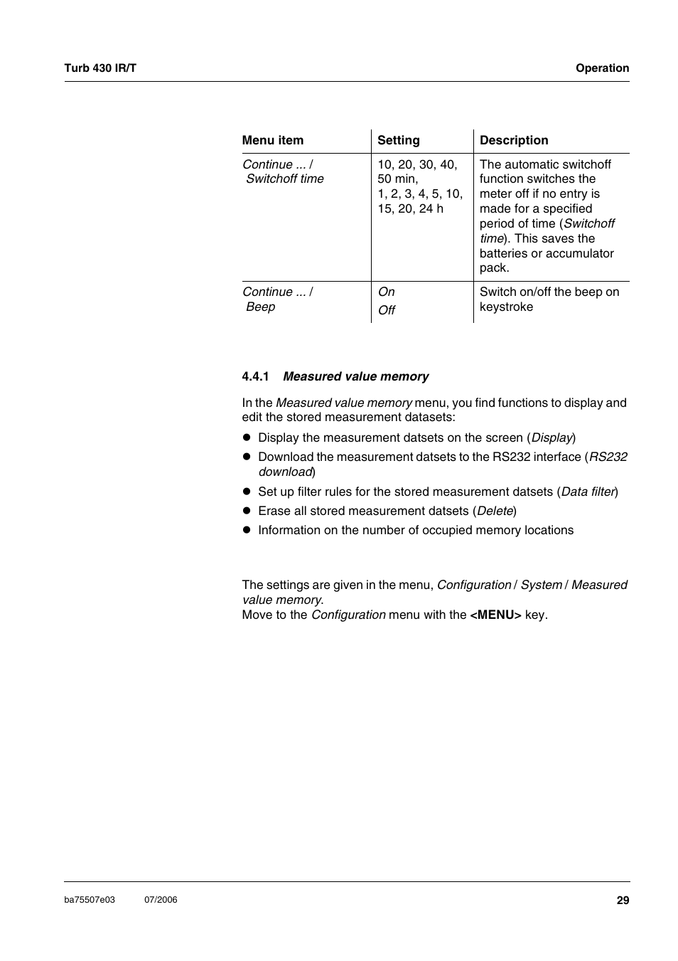 1 measured value memory | Xylem TURB 430 PORTABLE TURBIDITY METER User Manual | Page 29 / 71