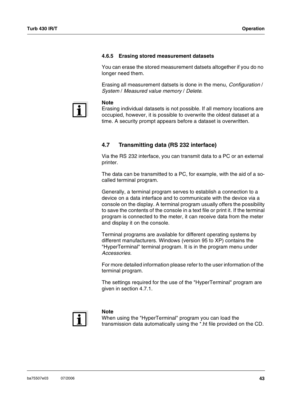 5 erasing stored measurement datasets, 7 transmitting data (rs 232 interface), Erasing stored measurement datasets | Transmitting data (rs 232 interface) | Xylem TURB 430 PORTABLE TURBIDITY METER User Manual | Page 43 / 71