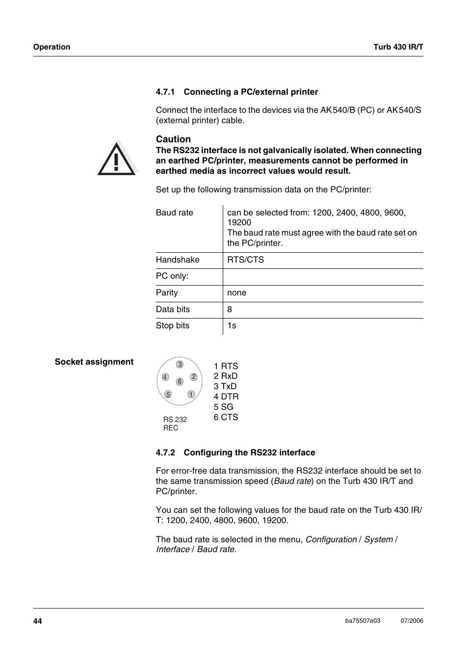 1 connecting a pc/external printer, 2 configuring the rs232 interface, Connecting a pc/external printer | Configuring the rs232 interface | Xylem TURB 430 PORTABLE TURBIDITY METER User Manual | Page 44 / 71