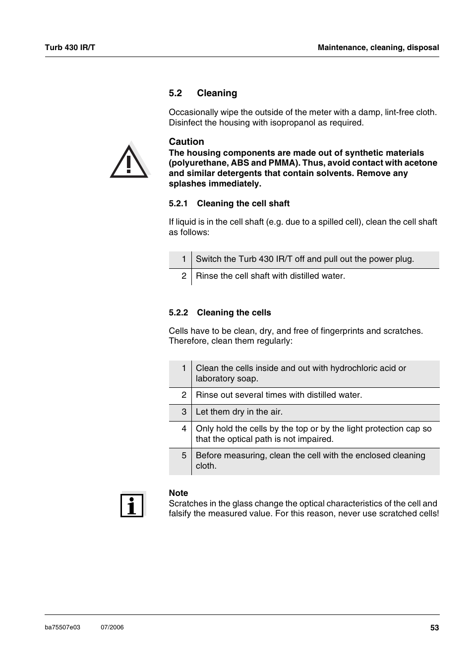 2 cleaning, 1 cleaning the cell shaft, 2 cleaning the cells | Cleaning 5.2.1, Cleaning the cell shaft, Cleaning the cells, Ee section 5.2.2) | Xylem TURB 430 PORTABLE TURBIDITY METER User Manual | Page 53 / 71