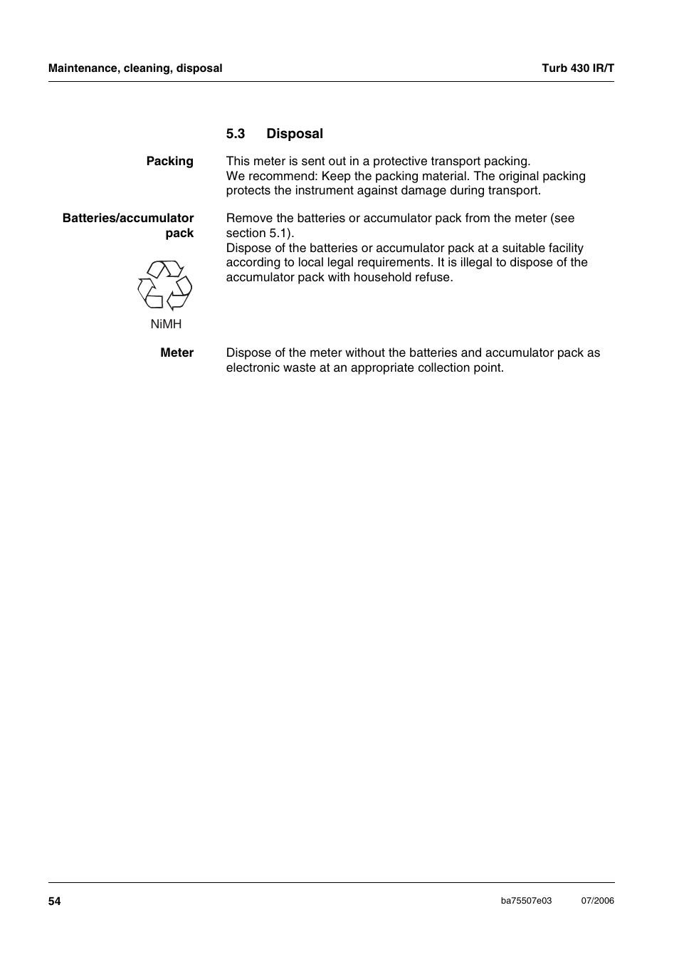 3 disposal, Disposal | Xylem TURB 430 PORTABLE TURBIDITY METER User Manual | Page 54 / 71