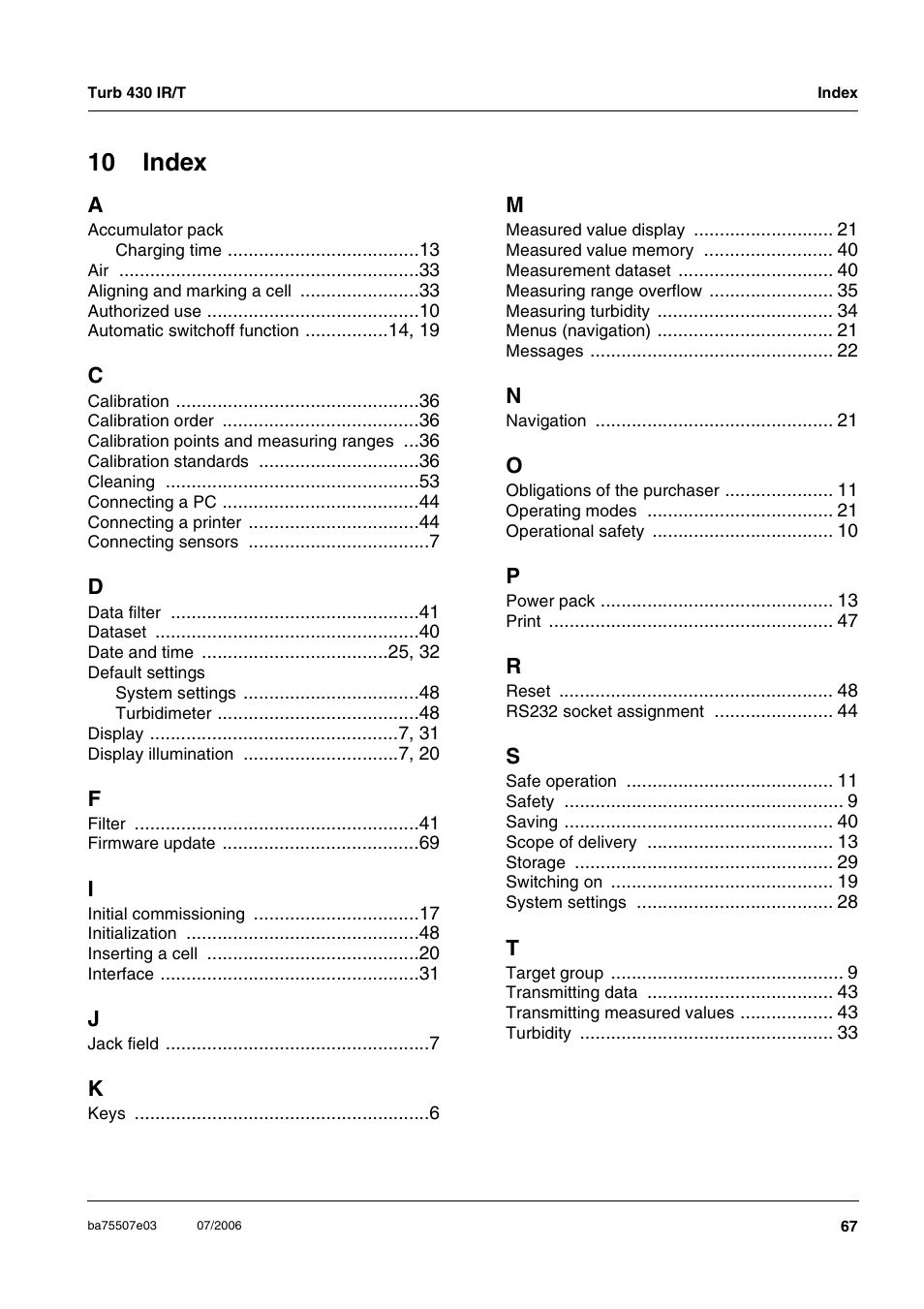 10 index | Xylem TURB 430 PORTABLE TURBIDITY METER User Manual | Page 67 / 71