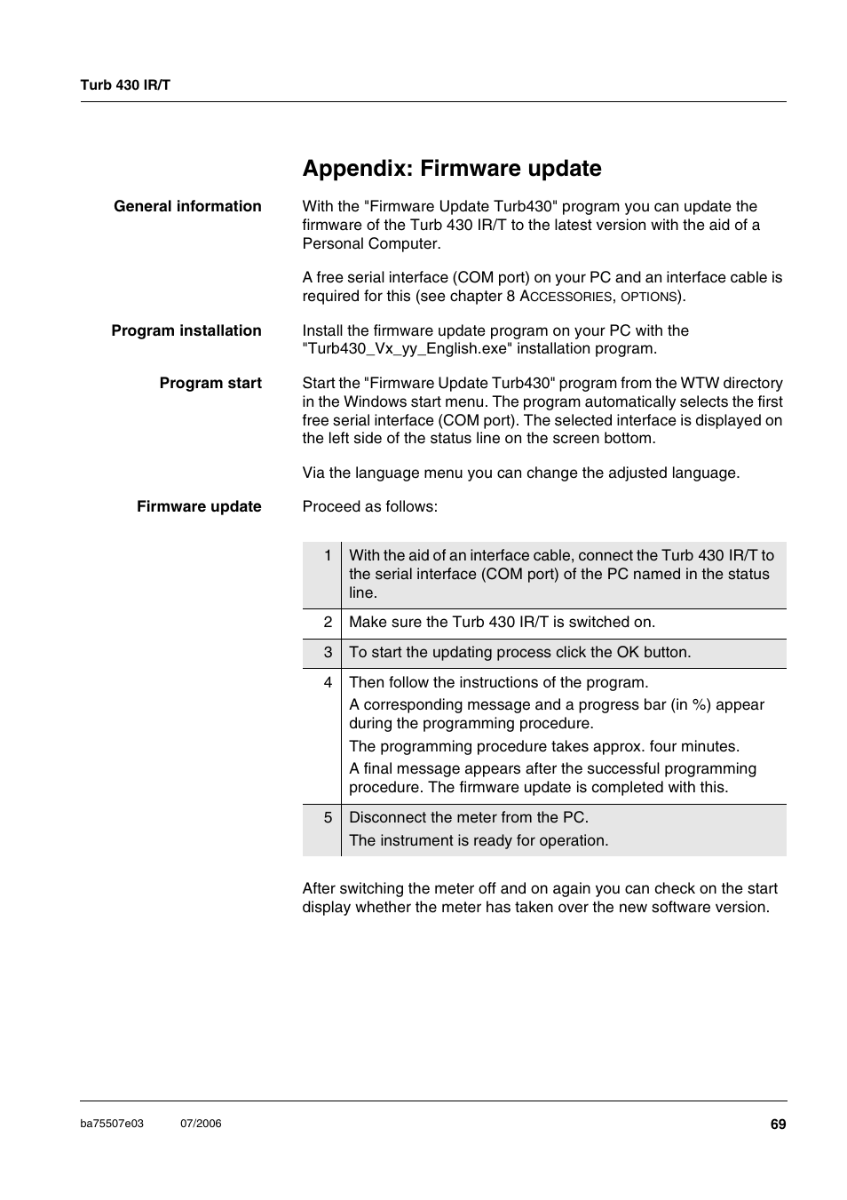 Appendix: firmware update, Ppendix, Irmware | Update | Xylem TURB 430 PORTABLE TURBIDITY METER User Manual | Page 69 / 71