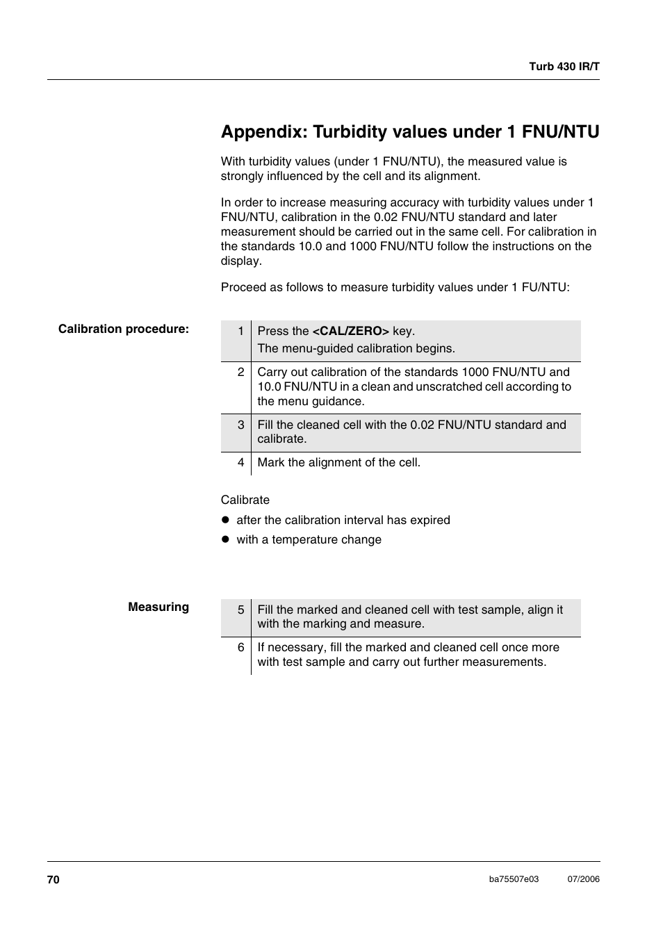 Appendix: turbidity values under1fnu/ntu, Appendix: turbidity values under 1 fnu/ntu, Ppendix | Urbidity, Values, Under, 1 fnu/ntu) | Xylem TURB 430 PORTABLE TURBIDITY METER User Manual | Page 70 / 71