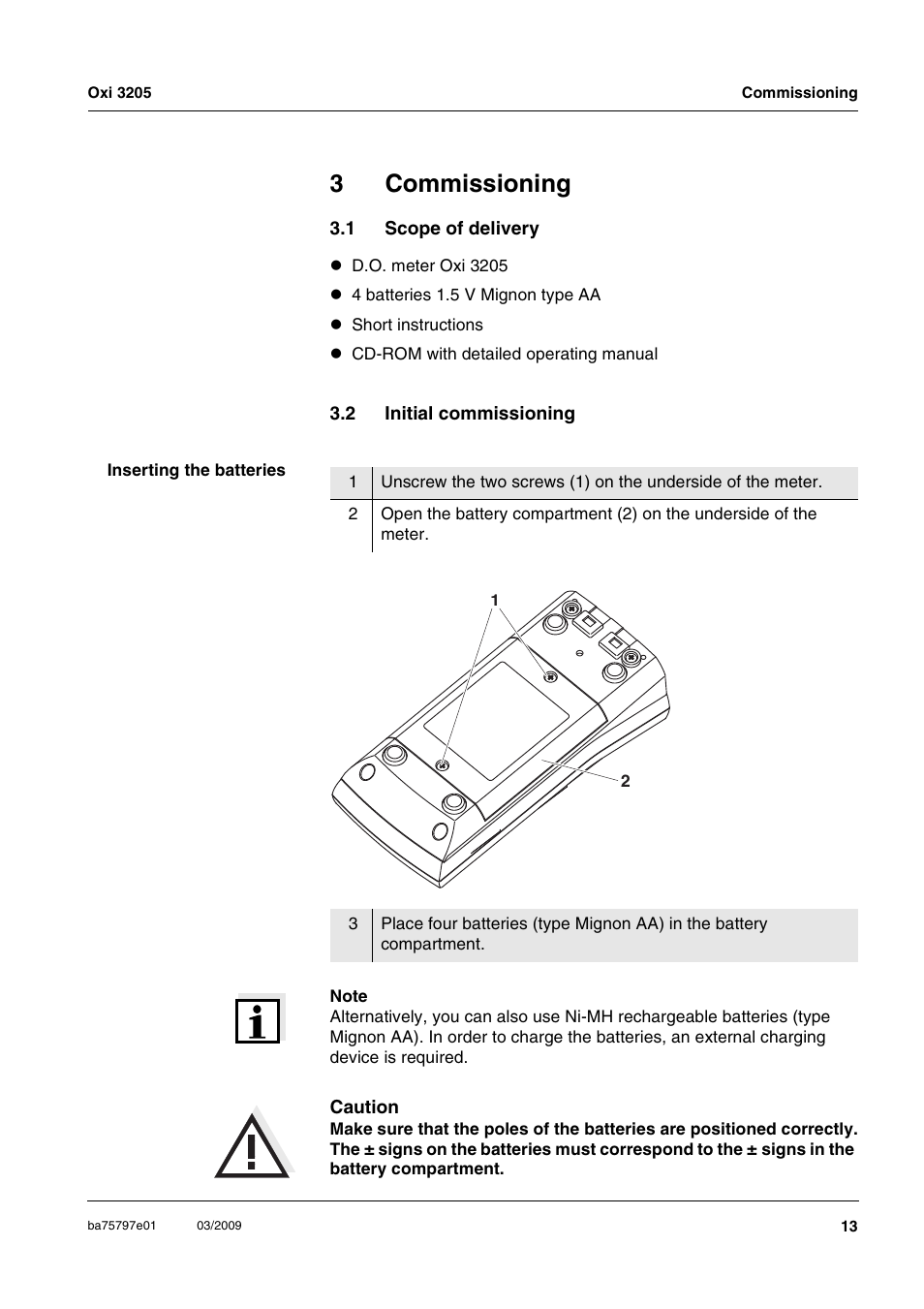 3 commissioning, 1 scope of delivery, 2 initial commissioning | Commissioning, Scope of delivery, Initial commissioning, 3commissioning | Xylem Oxi 3205 Dissolved oxygen (D.O.) meter User Manual | Page 13 / 44