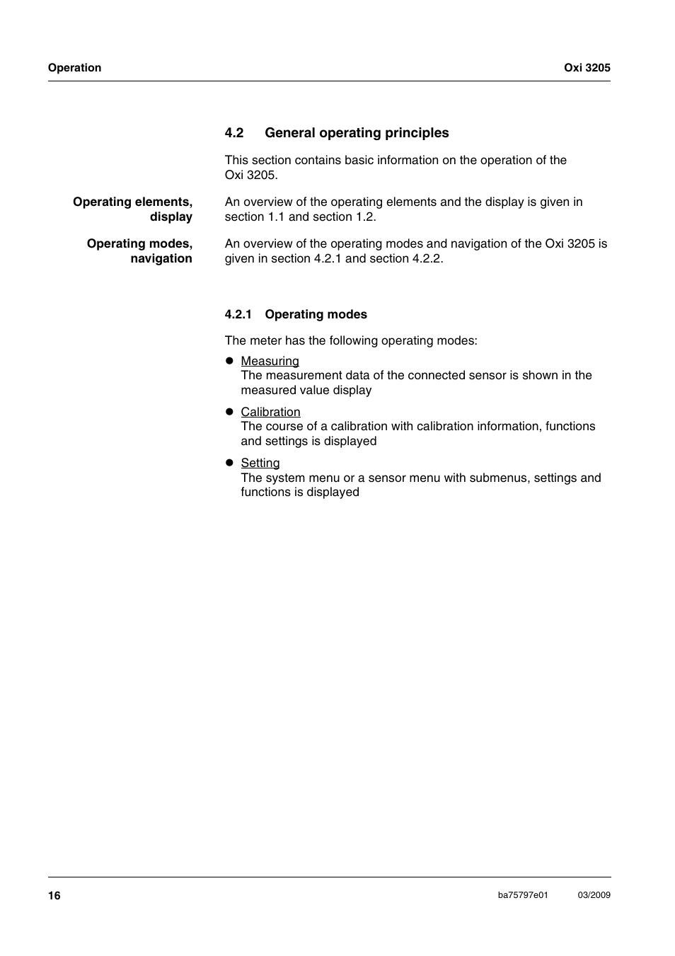 2 general operating principles, 1 operating modes, General operating principles 4.2.1 | Operating modes | Xylem Oxi 3205 Dissolved oxygen (D.O.) meter User Manual | Page 16 / 44