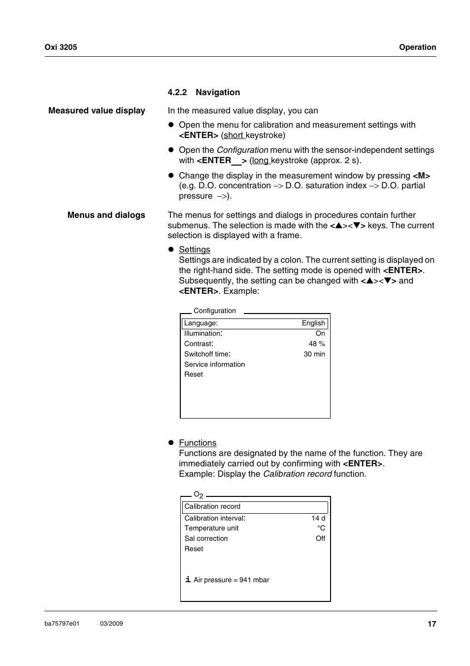 2 navigation, Navigation, Section 4.2.2 | Xylem Oxi 3205 Dissolved oxygen (D.O.) meter User Manual | Page 17 / 44