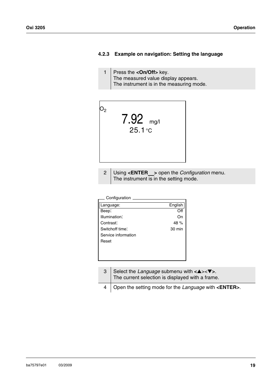 3 example on navigation: setting the language, Example on navigation: setting the language | Xylem Oxi 3205 Dissolved oxygen (D.O.) meter User Manual | Page 19 / 44