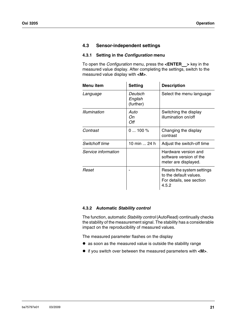 3 sensor-independent settings, 1 setting in the configuration menu, 2 automatic stability control | Sensor-independent settings 4.3.1, Setting in the confi, Automatic | Xylem Oxi 3205 Dissolved oxygen (D.O.) meter User Manual | Page 21 / 44