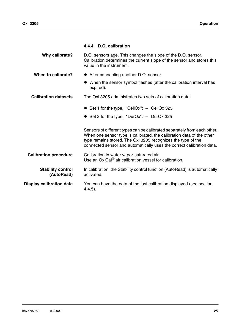 4 d.o. calibration, D.o. calibration | Xylem Oxi 3205 Dissolved oxygen (D.O.) meter User Manual | Page 25 / 44
