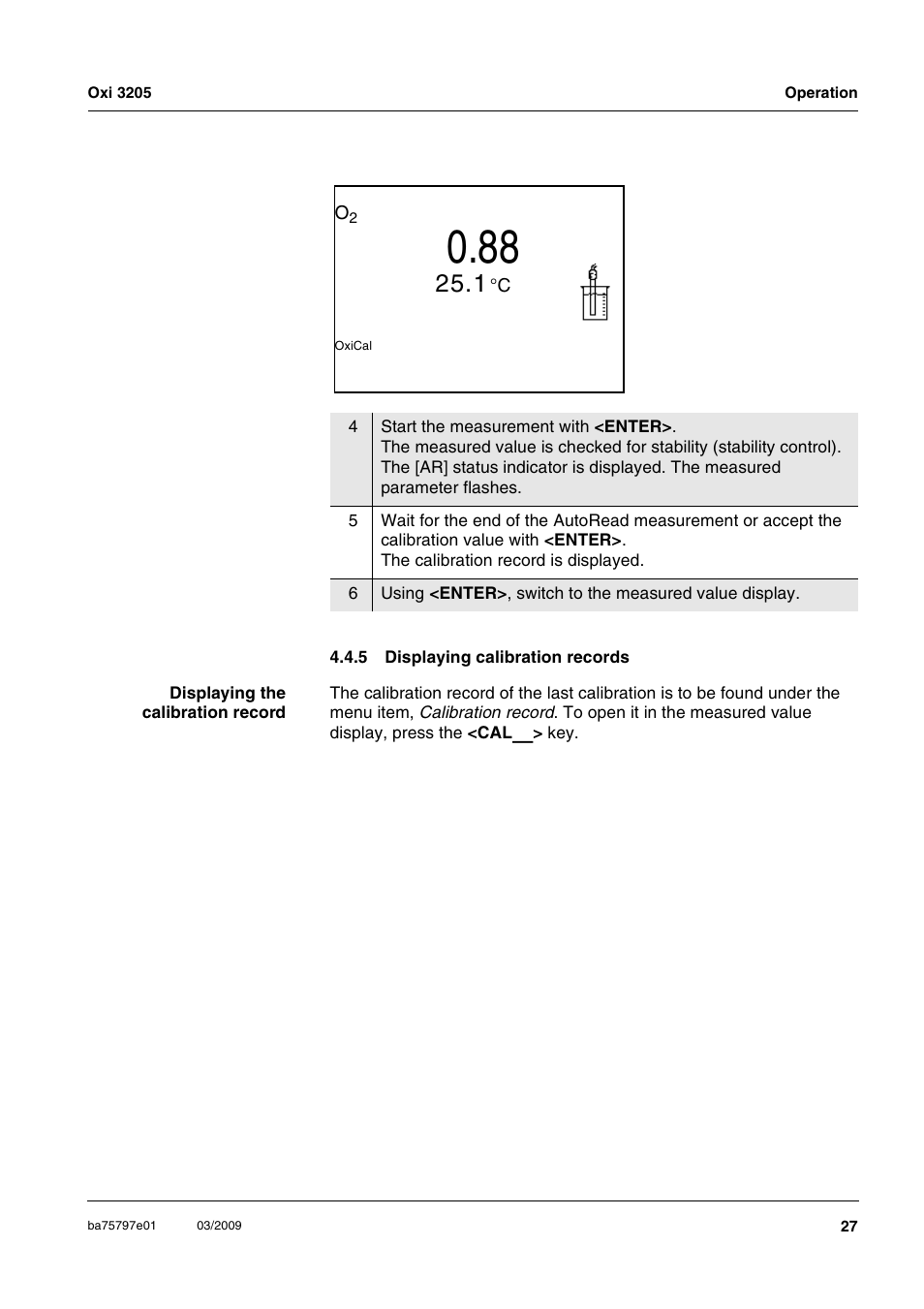 5 displaying calibration records, Displaying calibration records | Xylem Oxi 3205 Dissolved oxygen (D.O.) meter User Manual | Page 27 / 44