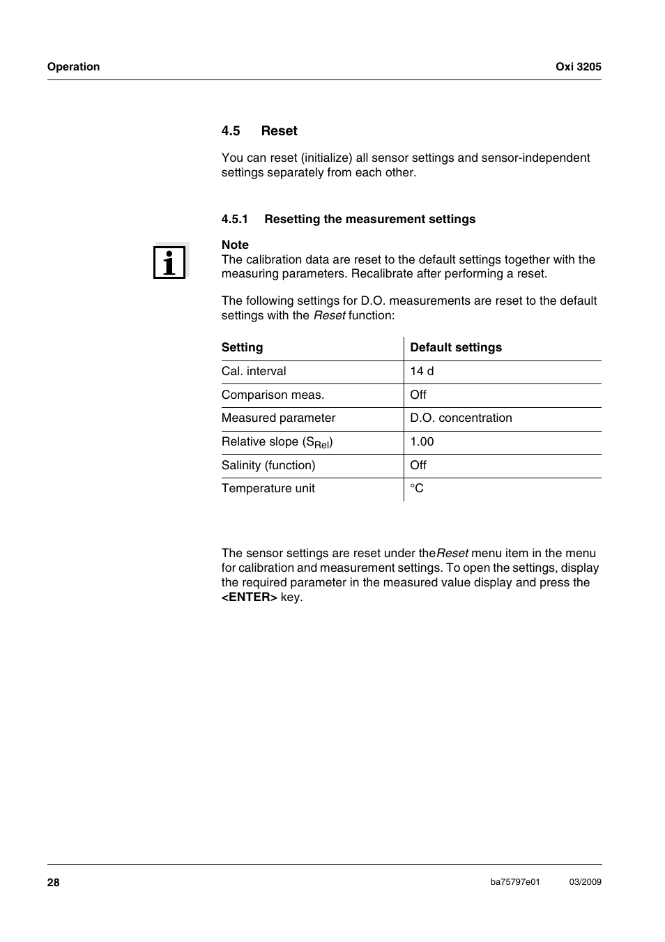 5 reset, 1 resetting the measurement settings, Reset 4.5.1 | Resetting the measurement settings | Xylem Oxi 3205 Dissolved oxygen (D.O.) meter User Manual | Page 28 / 44