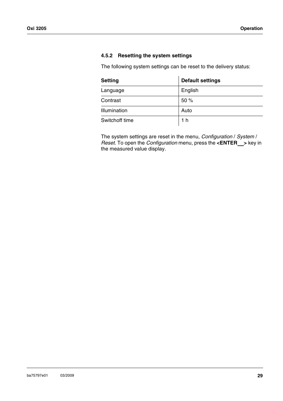 2 resetting the system settings, Resetting the system settings | Xylem Oxi 3205 Dissolved oxygen (D.O.) meter User Manual | Page 29 / 44