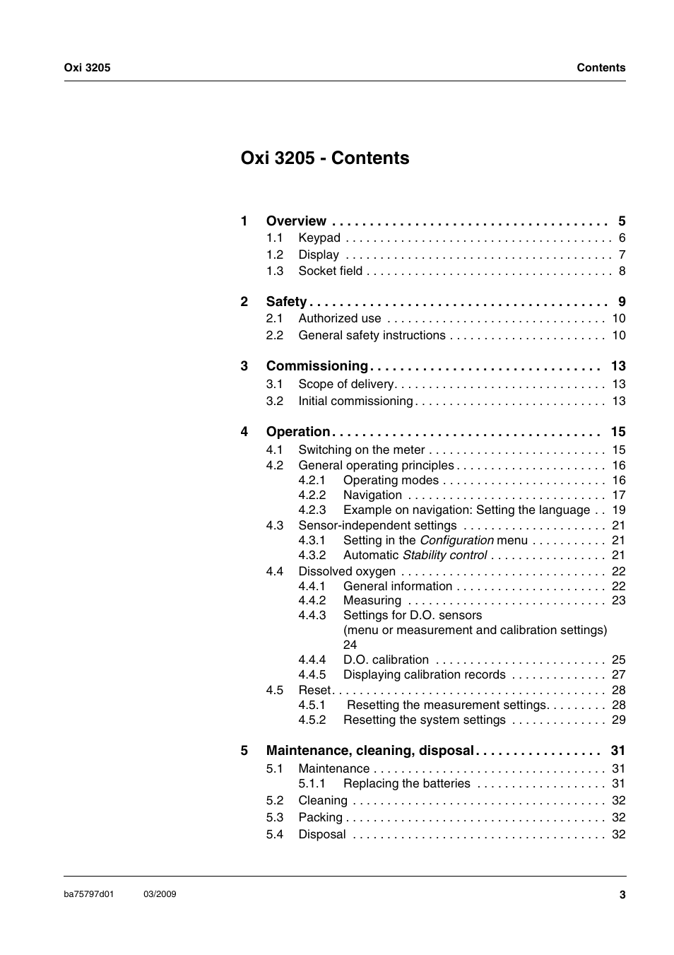 Oxi 3205 - contents | Xylem Oxi 3205 Dissolved oxygen (D.O.) meter User Manual | Page 3 / 44