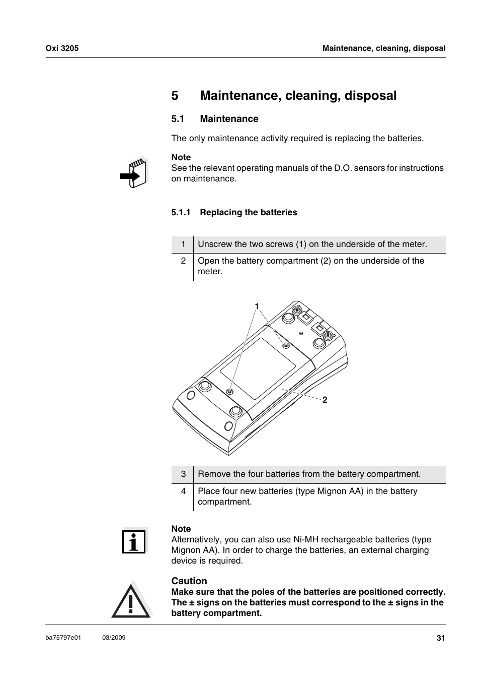 5 maintenance, cleaning, disposal, 1 maintenance, 1 replacing the batteries | Maintenance, cleaning, disposal, Maintenance 5.1.1, Replacing the batteries, 5maintenance, cleaning, disposal | Xylem Oxi 3205 Dissolved oxygen (D.O.) meter User Manual | Page 31 / 44