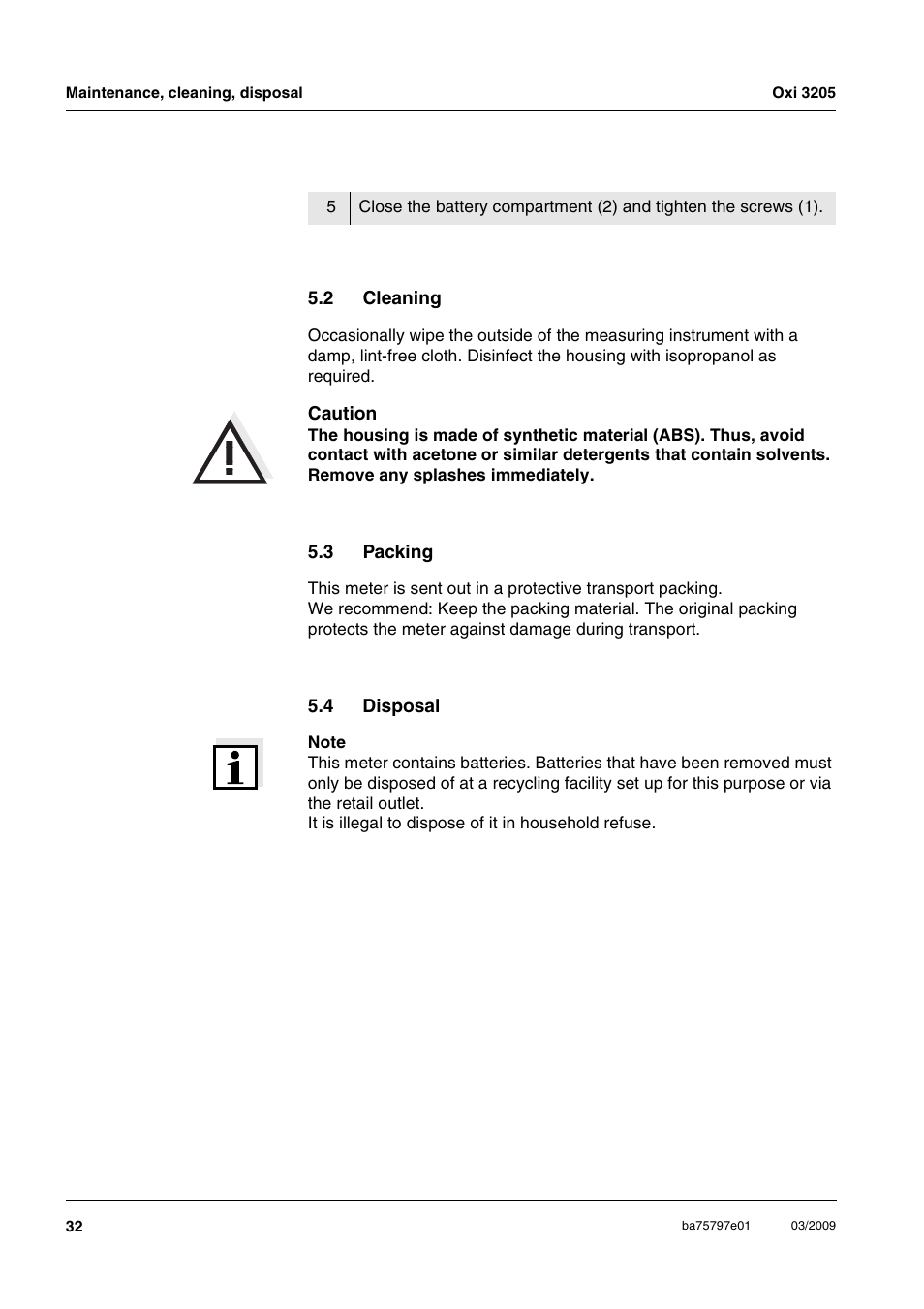 2 cleaning, 3 packing, 4 disposal | Cleaning, Packing, Disposal | Xylem Oxi 3205 Dissolved oxygen (D.O.) meter User Manual | Page 32 / 44