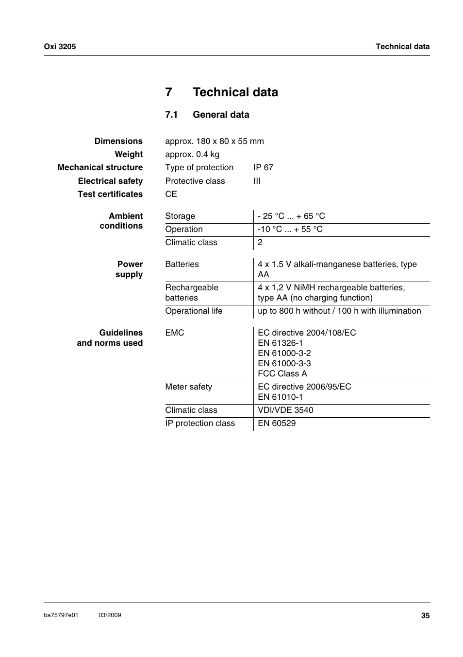 7 technical data, 1 general data, Technical data | General data, Chapter 7 t, Echnical, Data, 7technical data | Xylem Oxi 3205 Dissolved oxygen (D.O.) meter User Manual | Page 35 / 44