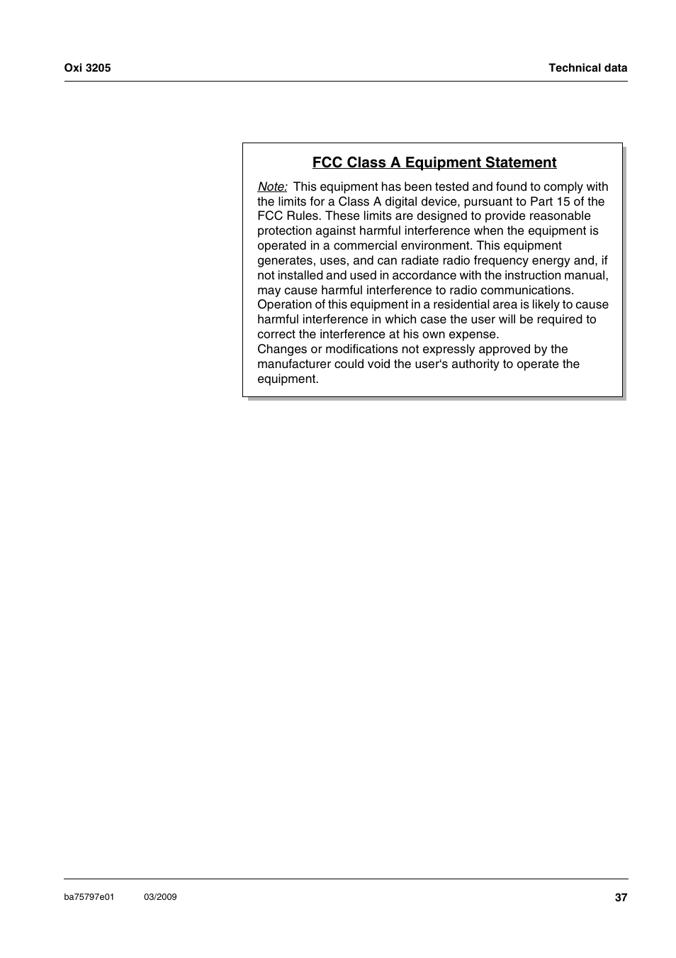 Fcc class a equipment statement | Xylem Oxi 3205 Dissolved oxygen (D.O.) meter User Manual | Page 37 / 44