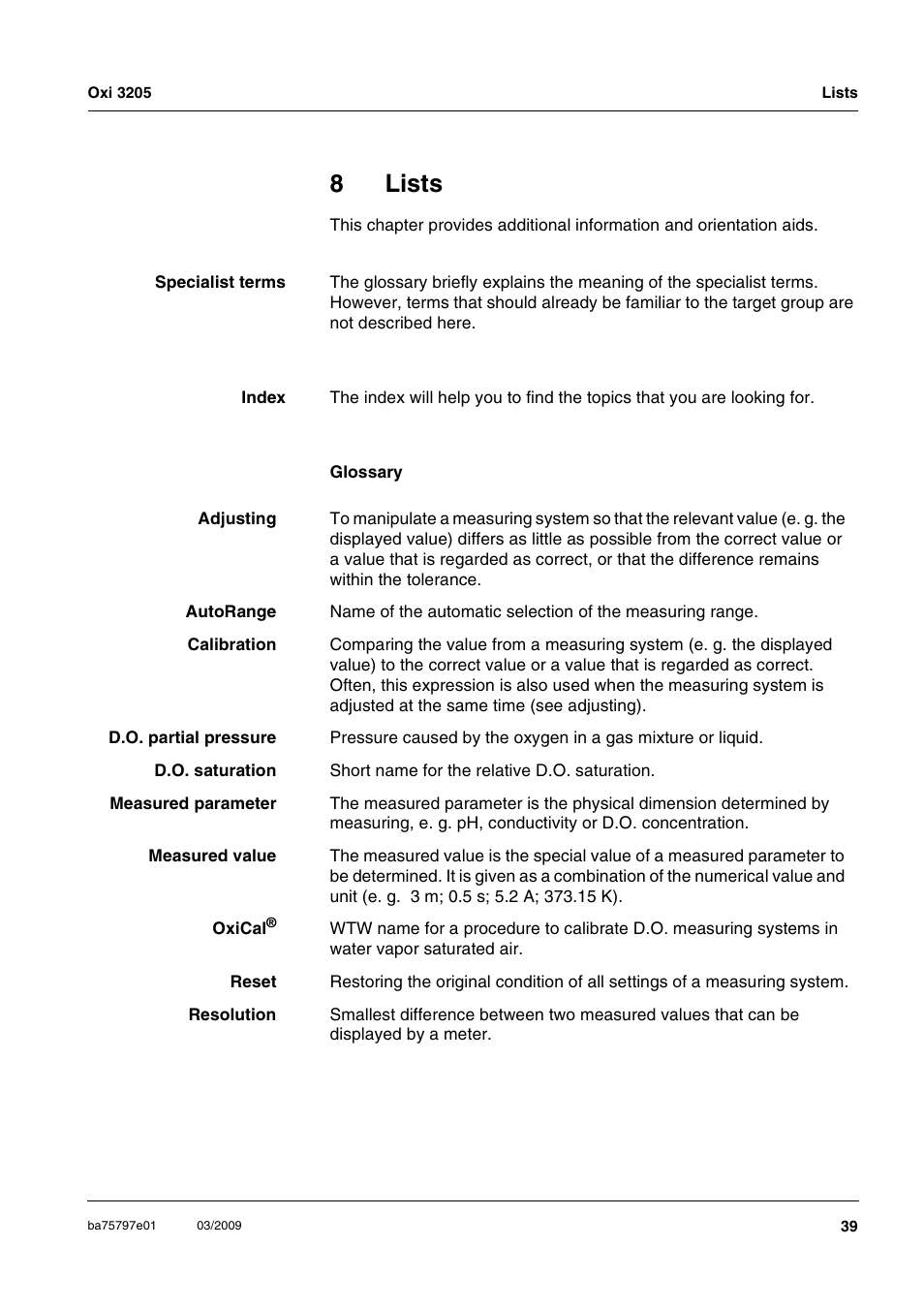 8 lists, Lists, 8lists | Xylem Oxi 3205 Dissolved oxygen (D.O.) meter User Manual | Page 39 / 44