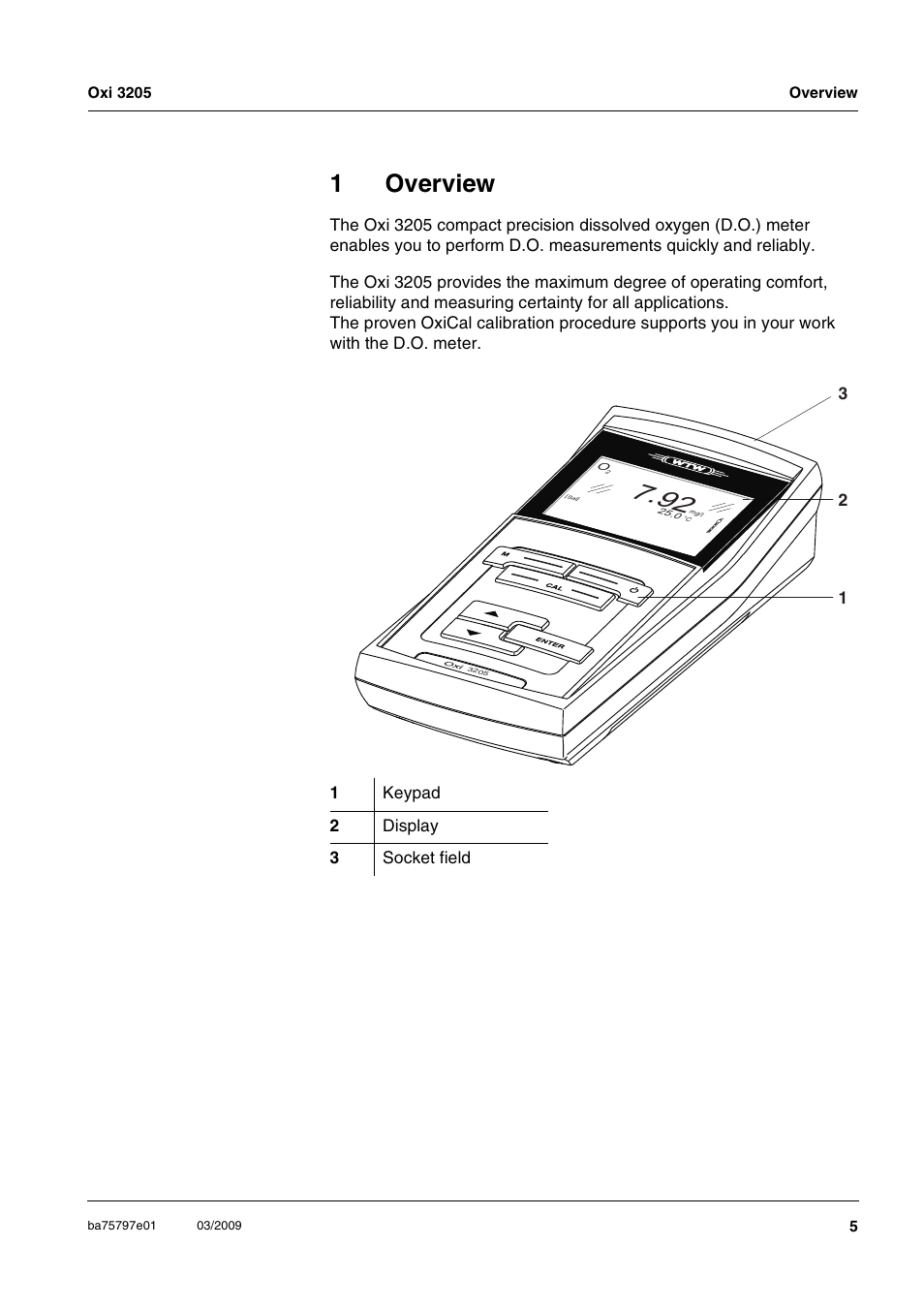 1 overview, Overview, 1overview | Xylem Oxi 3205 Dissolved oxygen (D.O.) meter User Manual | Page 5 / 44