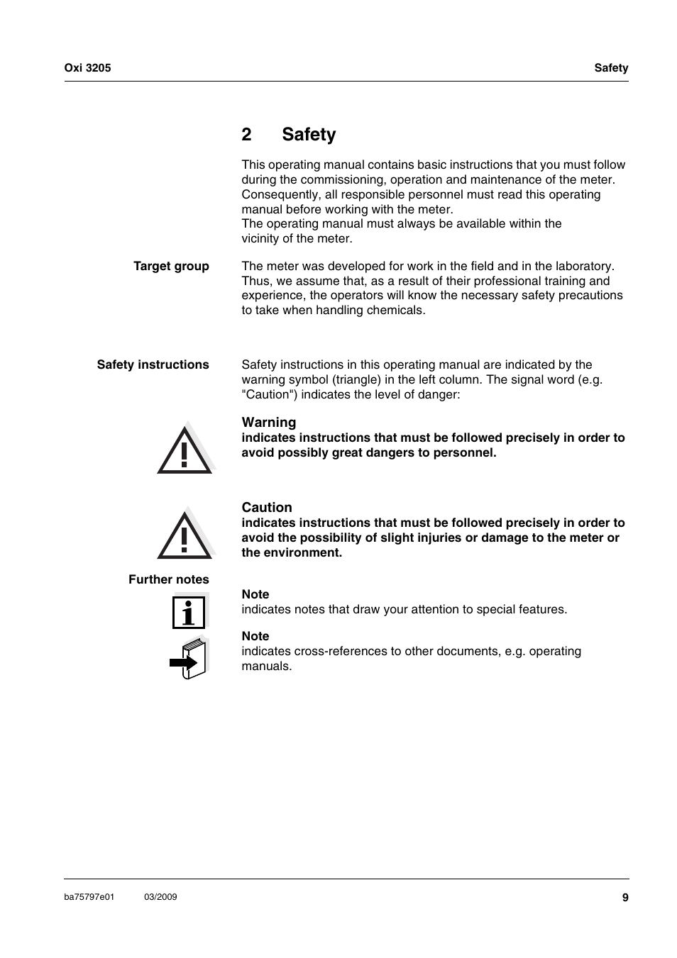 2 safety, Safety, 2safety | Xylem Oxi 3205 Dissolved oxygen (D.O.) meter User Manual | Page 9 / 44