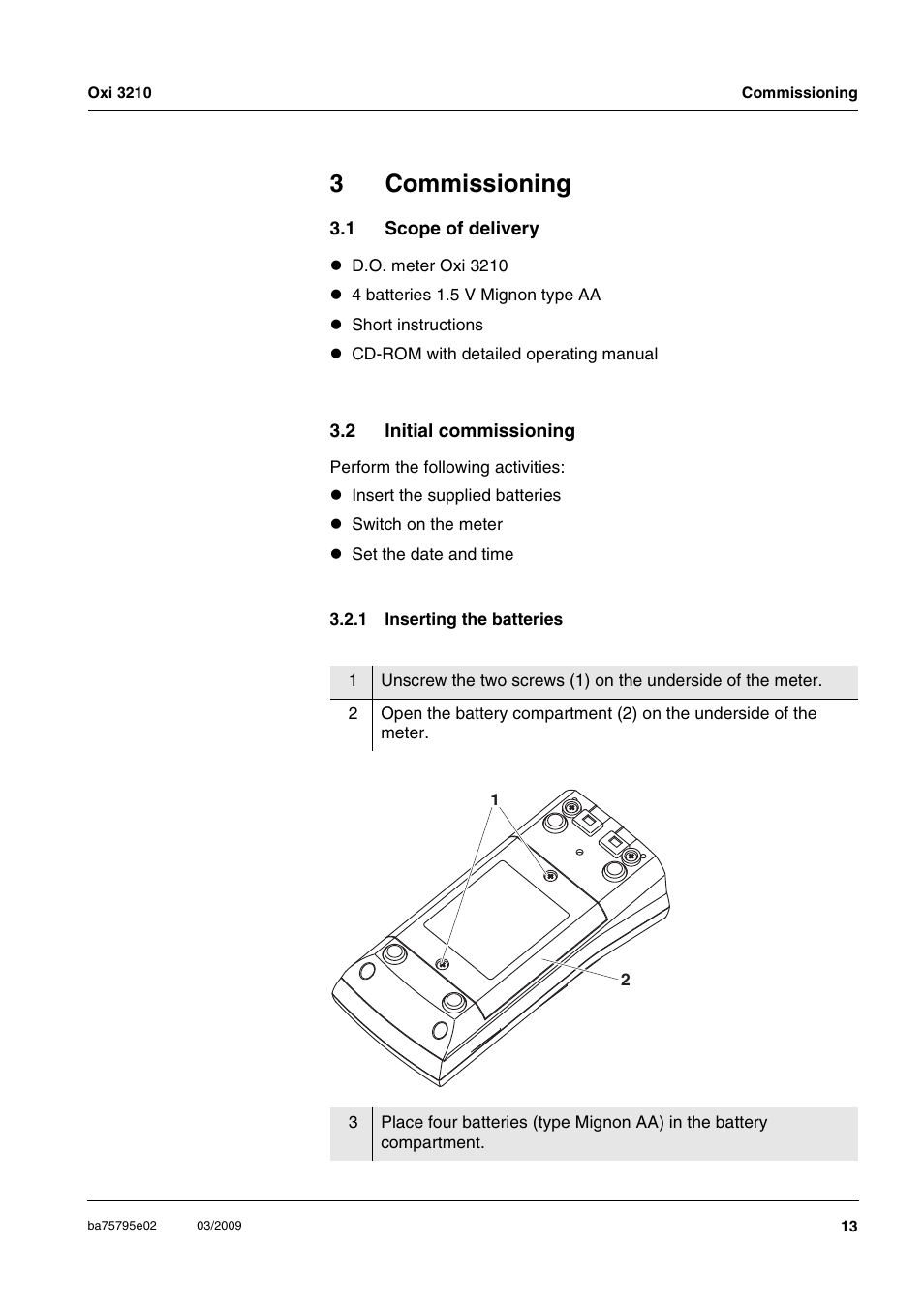 3 commissioning, 1 scope of delivery, 2 initial commissioning | 1 inserting the batteries, Commissioning, Scope of delivery, Initial commissioning 3.2.1, Inserting the batteries, 3commissioning | Xylem Oxi 3210 Dissolved oxygen (D.O.) meter User Manual | Page 13 / 52