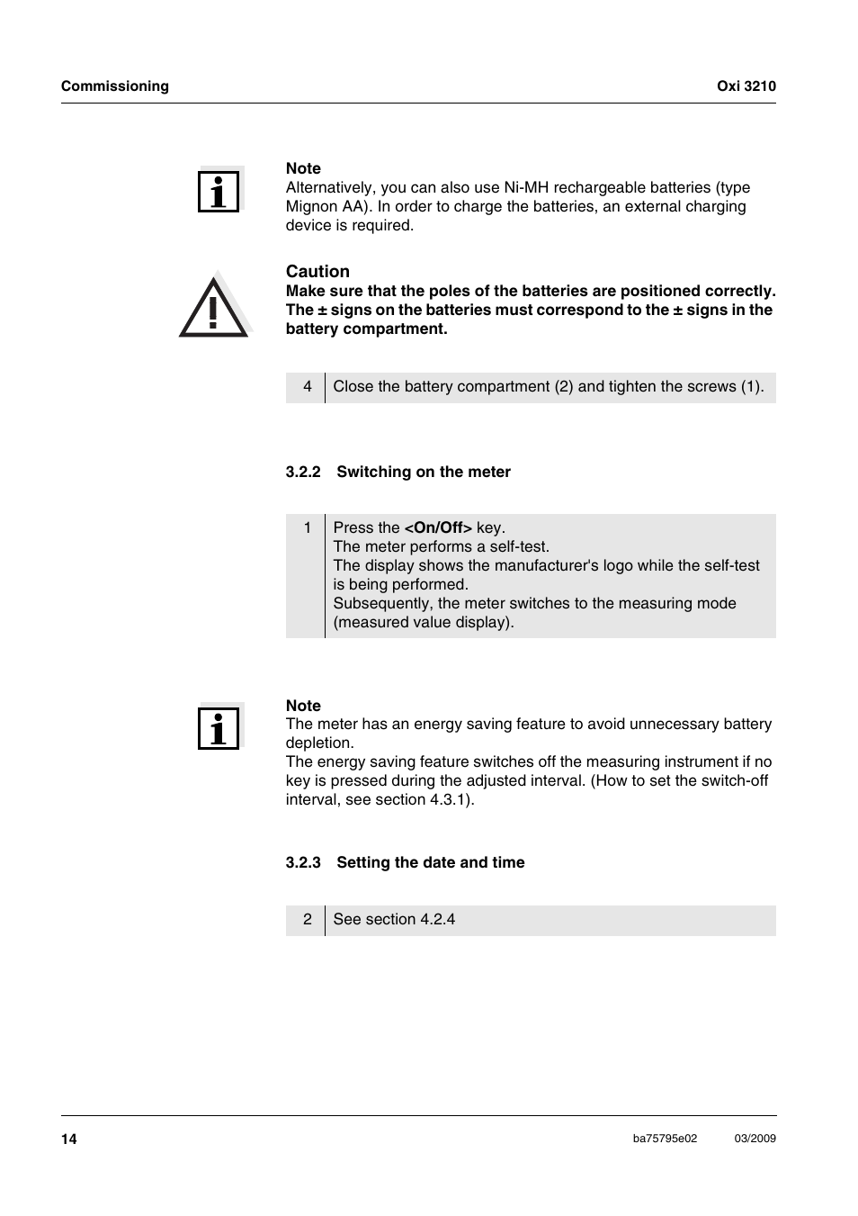 2 switching on the meter, 3 setting the date and time, Switching on the meter | Setting the date and time | Xylem Oxi 3210 Dissolved oxygen (D.O.) meter User Manual | Page 14 / 52
