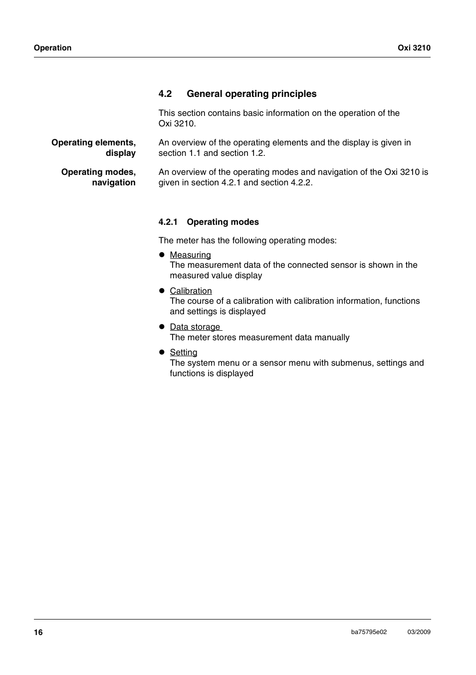 2 general operating principles, 1 operating modes, General operating principles 4.2.1 | Operating modes | Xylem Oxi 3210 Dissolved oxygen (D.O.) meter User Manual | Page 16 / 52