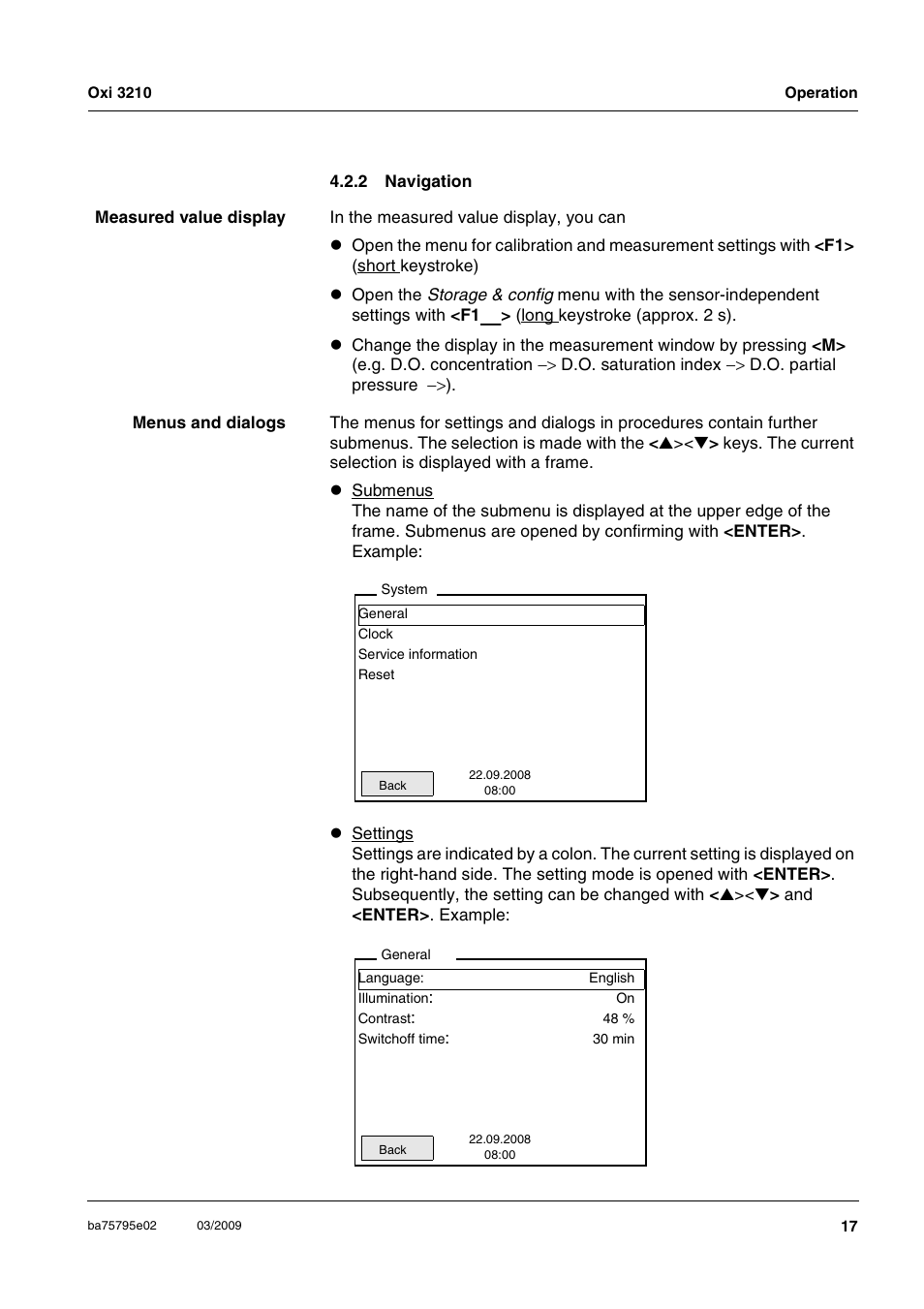 2 navigation, Navigation, Section 4.2.2 | Xylem Oxi 3210 Dissolved oxygen (D.O.) meter User Manual | Page 17 / 52
