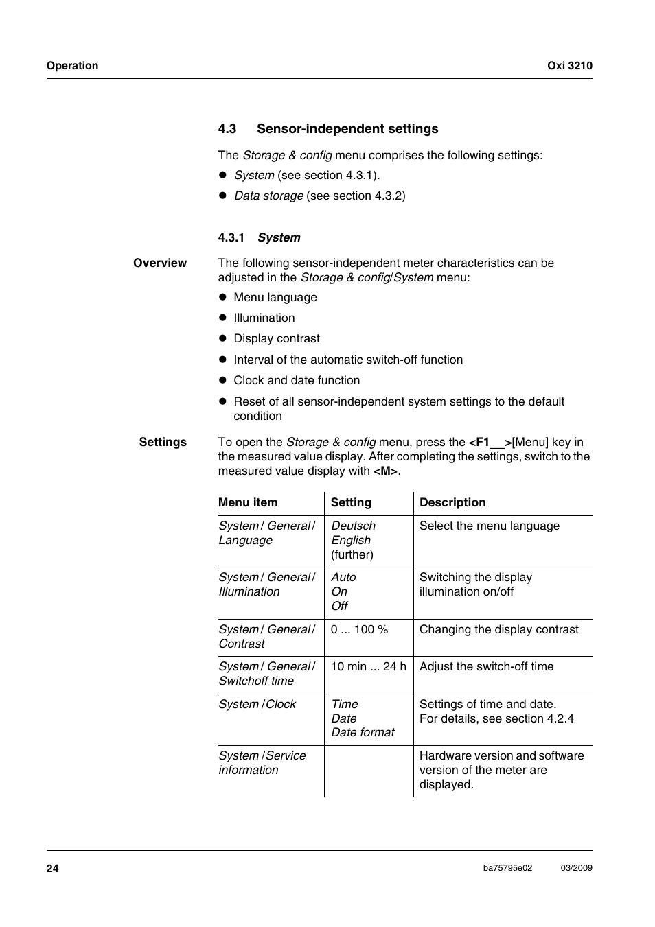 3 sensor-independent settings, 1 system, Sensor-independent settings 4.3.1 | Xylem Oxi 3210 Dissolved oxygen (D.O.) meter User Manual | Page 24 / 52