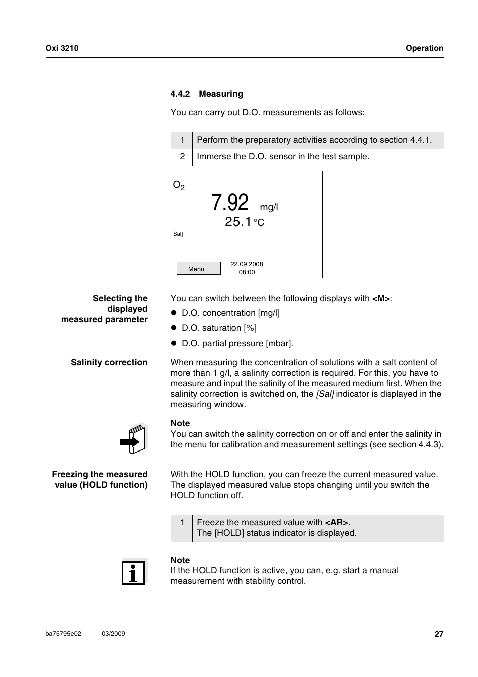 2 measuring, Measuring | Xylem Oxi 3210 Dissolved oxygen (D.O.) meter User Manual | Page 27 / 52