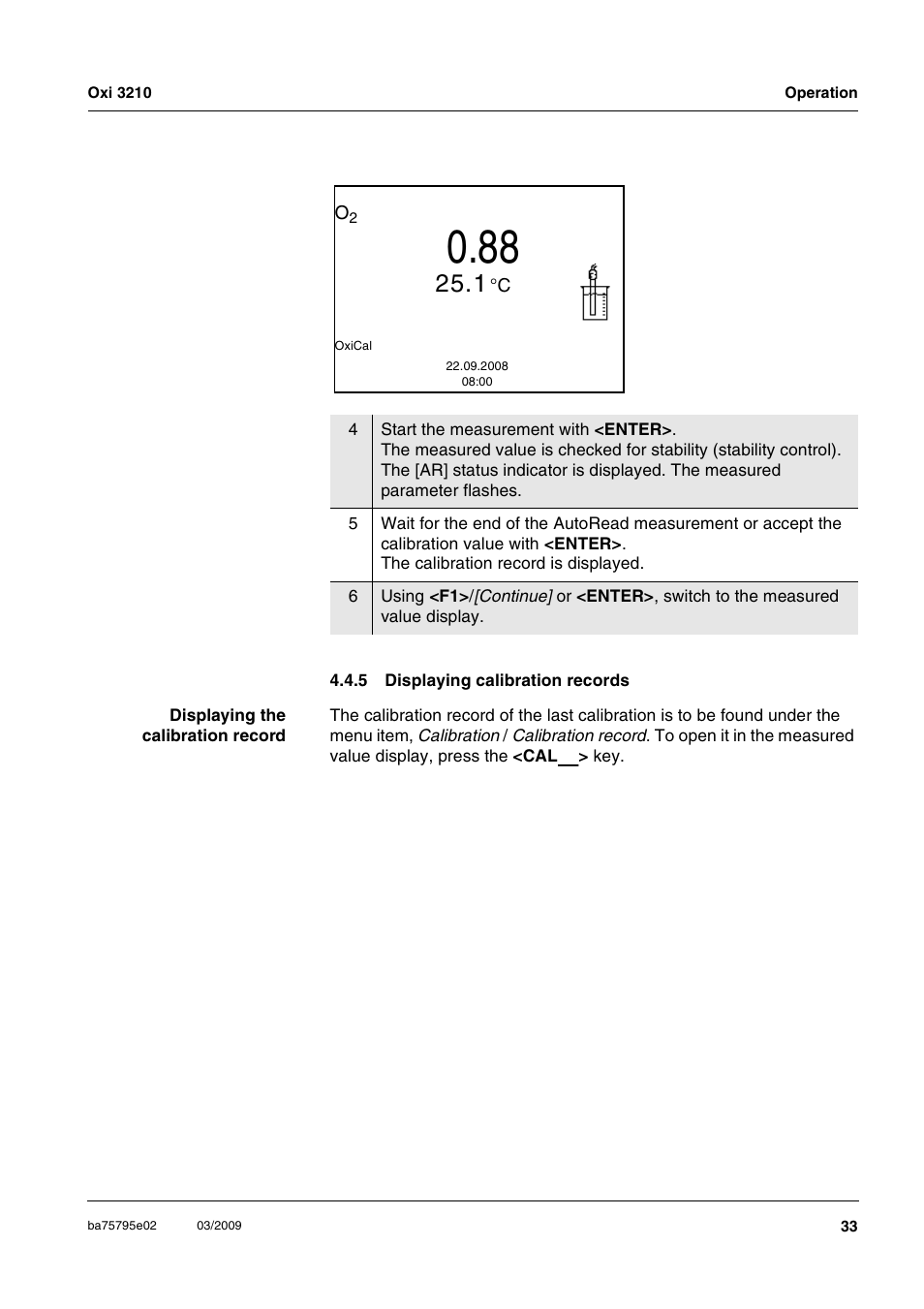 5 displaying calibration records, Displaying calibration records | Xylem Oxi 3210 Dissolved oxygen (D.O.) meter User Manual | Page 33 / 52