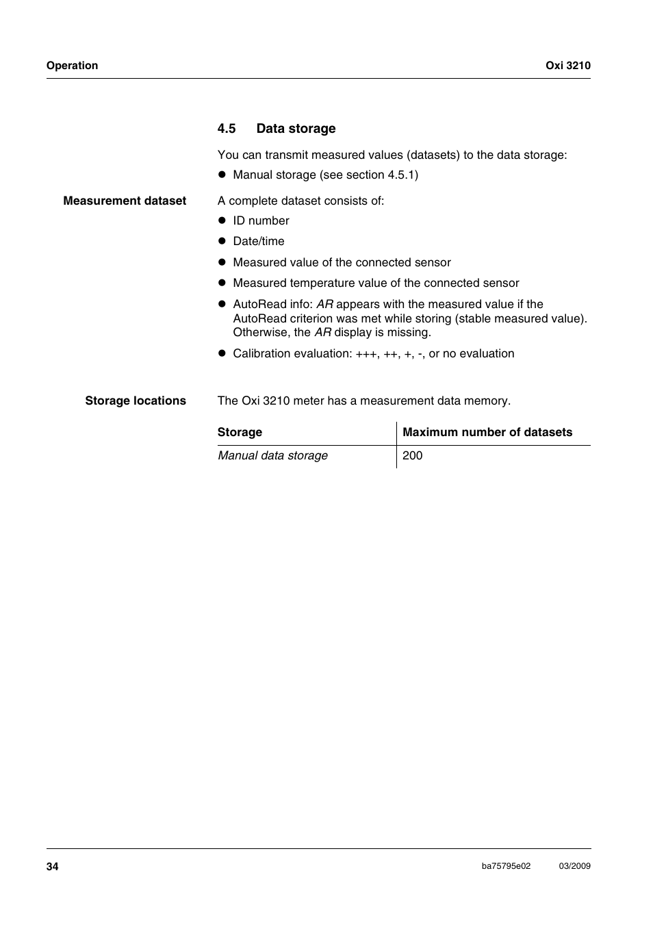 5 data storage, Data storage | Xylem Oxi 3210 Dissolved oxygen (D.O.) meter User Manual | Page 34 / 52