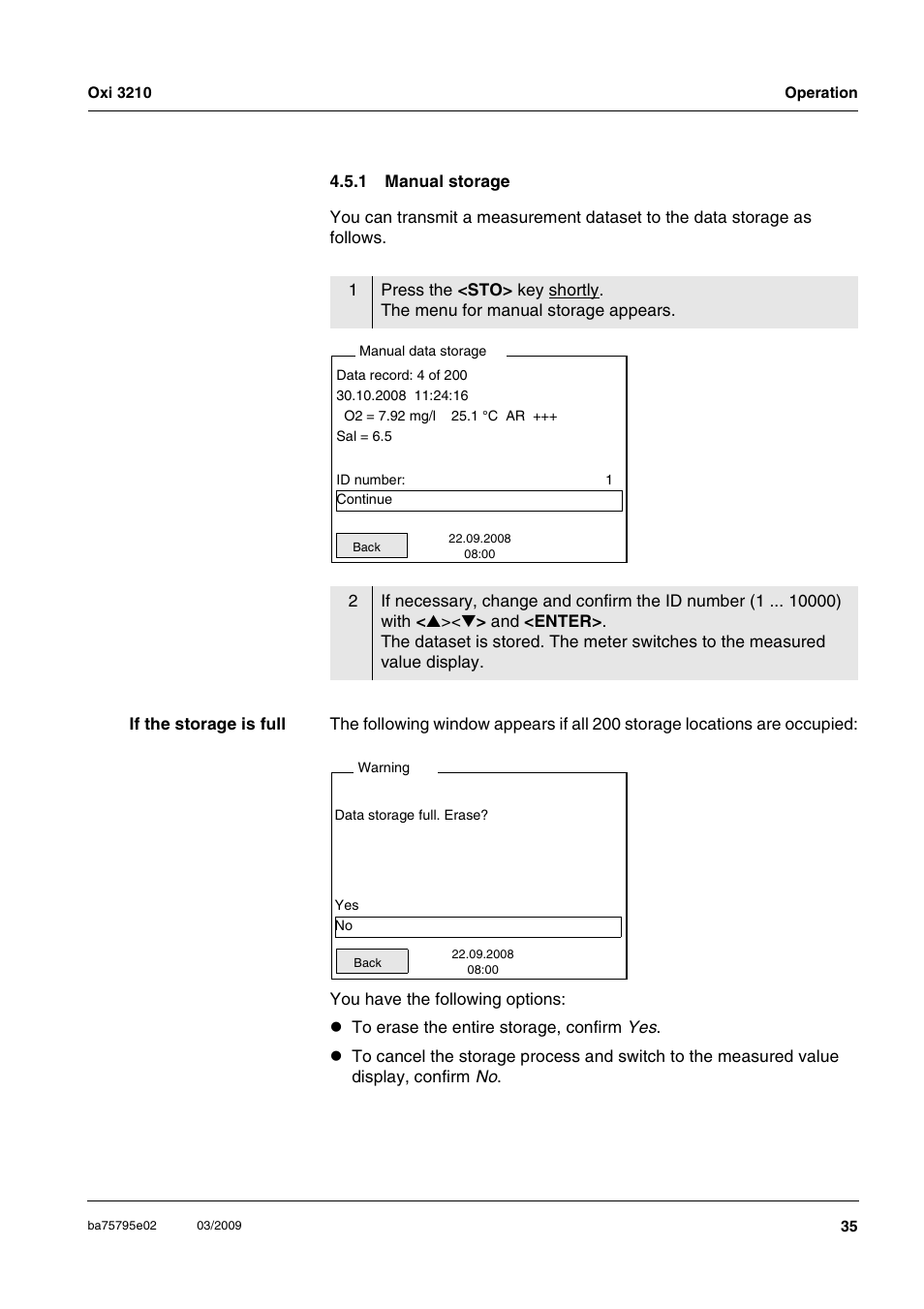 1 manual storage, Manual storage | Xylem Oxi 3210 Dissolved oxygen (D.O.) meter User Manual | Page 35 / 52