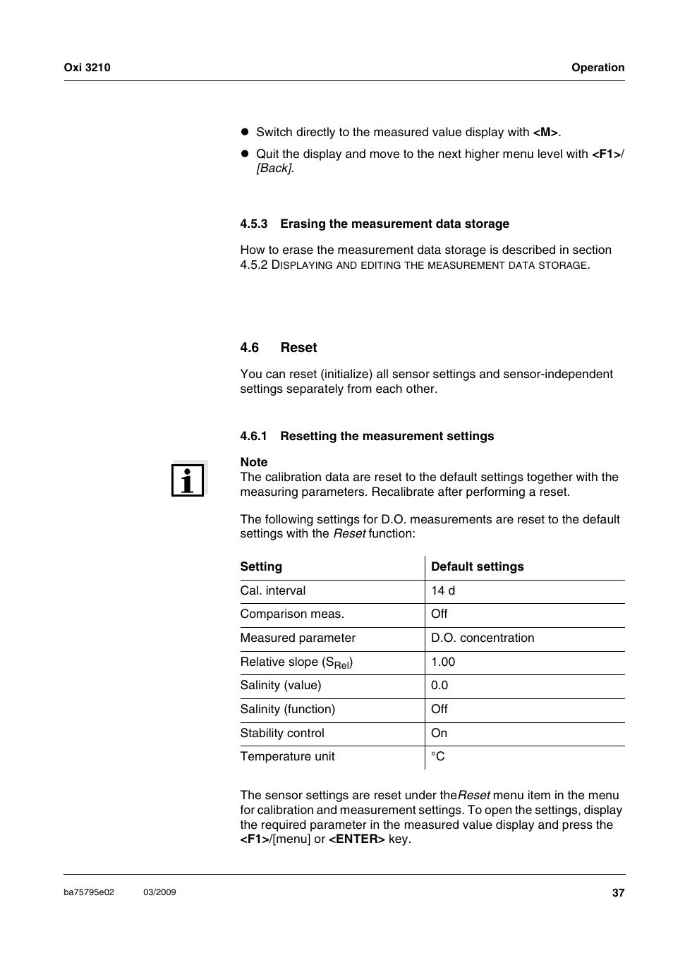 3 erasing the measurement data storage, 6 reset, 1 resetting the measurement settings | Erasing the measurement data storage, Reset 4.6.1, Resetting the measurement settings | Xylem Oxi 3210 Dissolved oxygen (D.O.) meter User Manual | Page 37 / 52