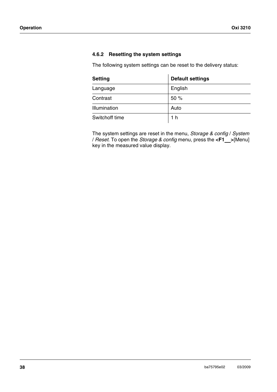 2 resetting the system settings, Resetting the system settings | Xylem Oxi 3210 Dissolved oxygen (D.O.) meter User Manual | Page 38 / 52
