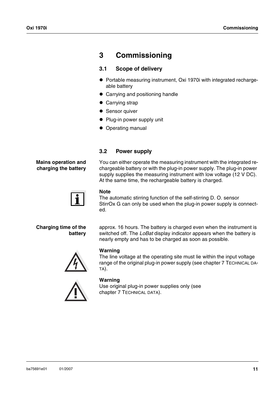 3 commissioning, 1 scope of delivery, 2 power supply | Commissioning, Scope of delivery, Power supply, 3commissioning | Xylem Oxi 1970i PORTABLE DISSOLVED OXYGEN METERS User Manual | Page 11 / 65