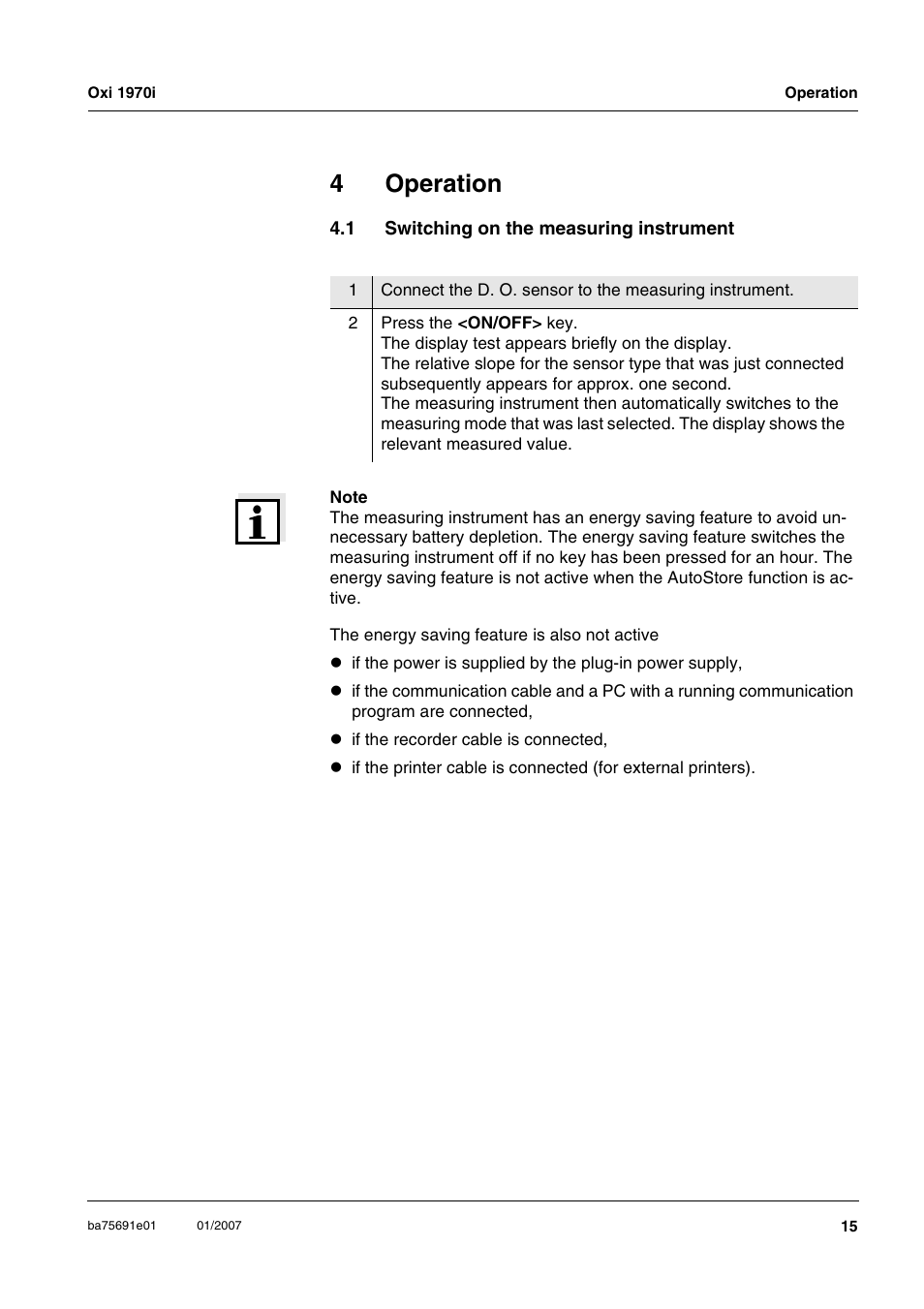 4 operation, 1 switching on the measuring instrument, Operation | Switching on the measuring instrument, 4operation | Xylem Oxi 1970i PORTABLE DISSOLVED OXYGEN METERS User Manual | Page 15 / 65