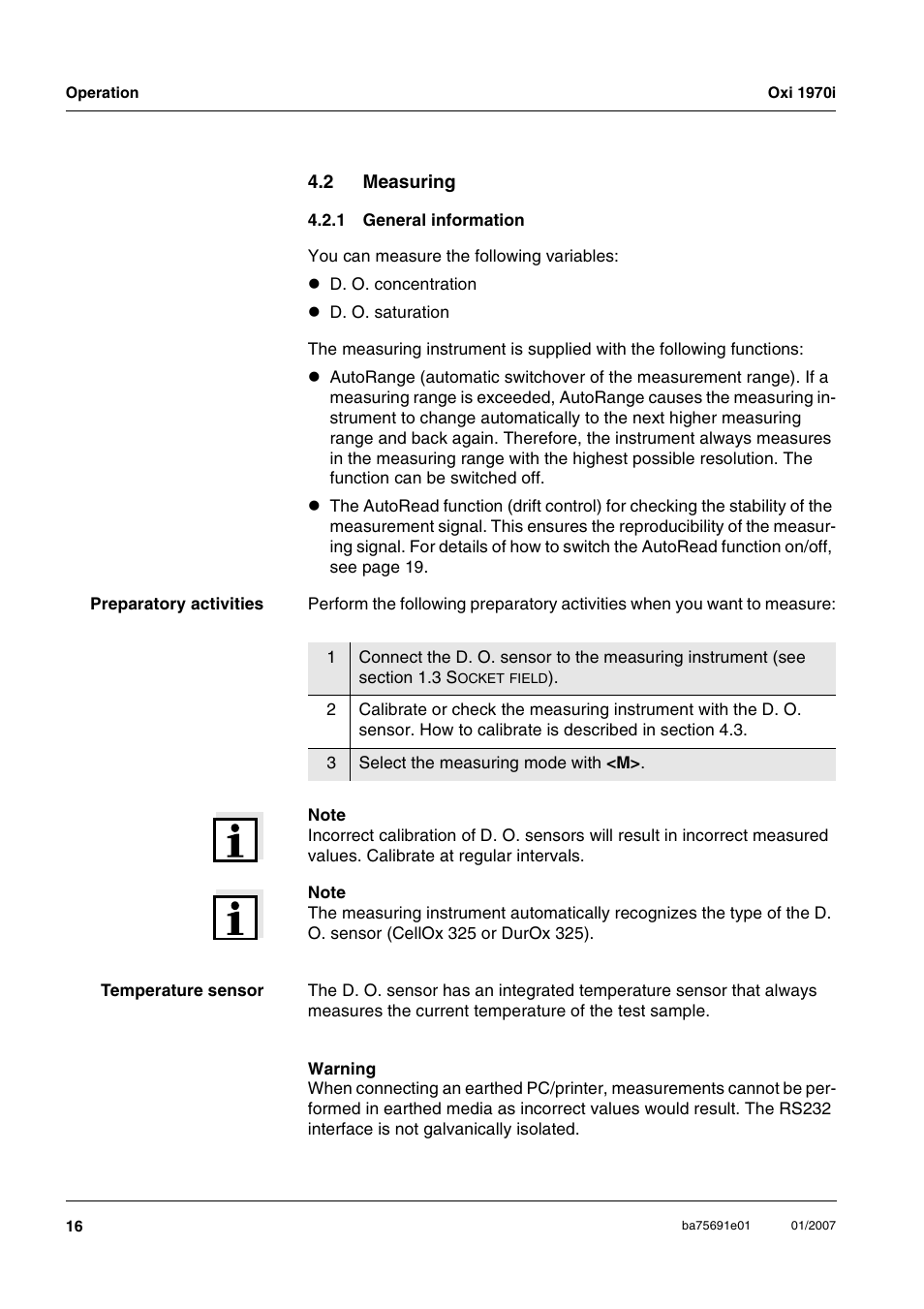 2 measuring, 1 general information, Measuring 4.2.1 | General information | Xylem Oxi 1970i PORTABLE DISSOLVED OXYGEN METERS User Manual | Page 16 / 65