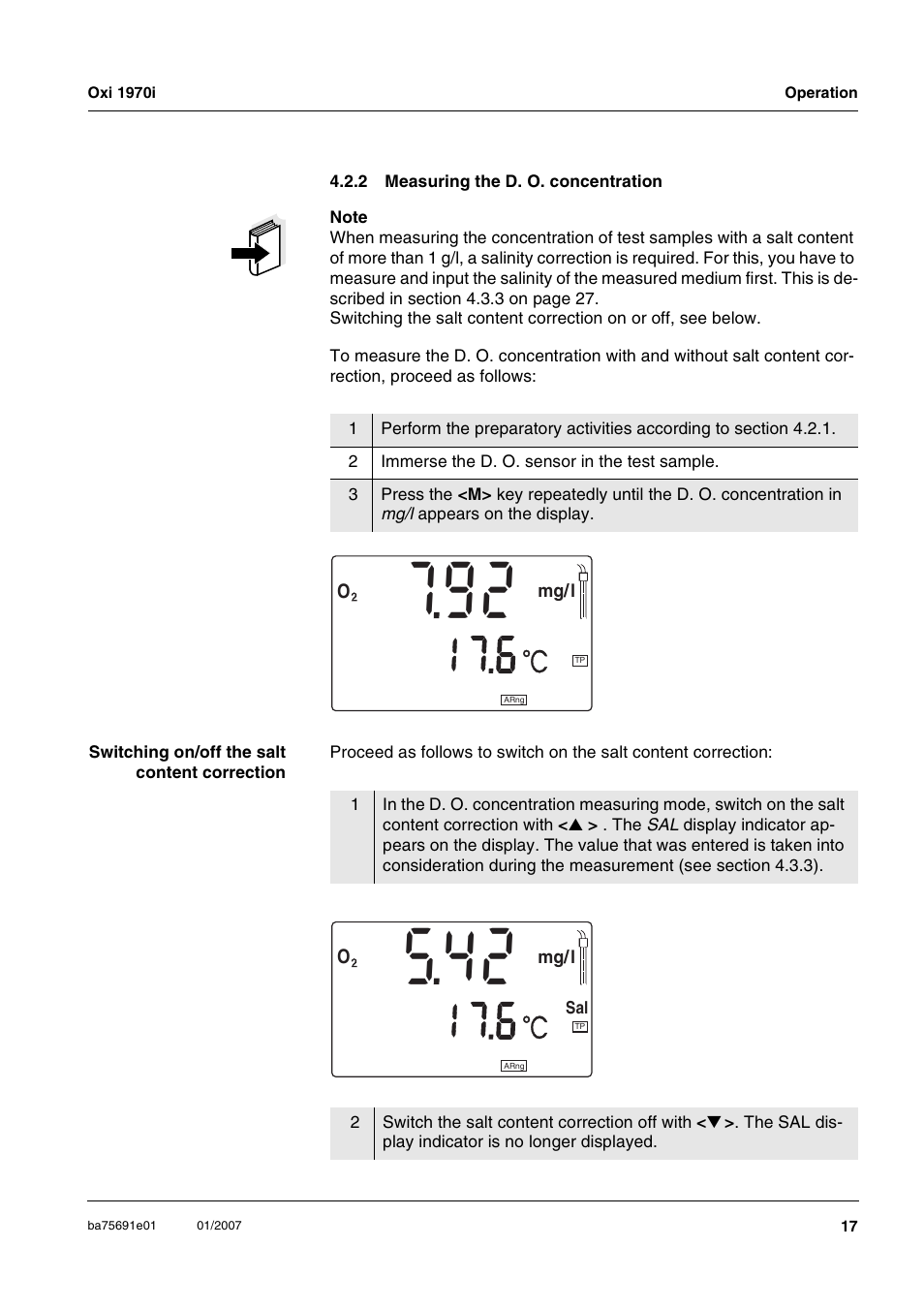 2 measuring the d. o. concentration, Measuring the d. o. concentration | Xylem Oxi 1970i PORTABLE DISSOLVED OXYGEN METERS User Manual | Page 17 / 65