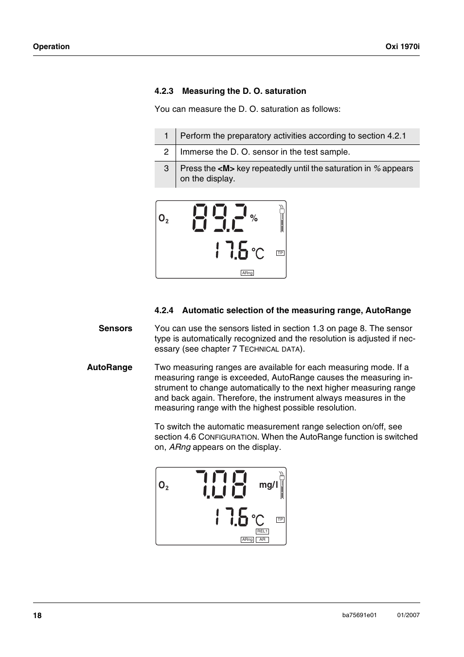 3 measuring the d. o. saturation, Measuring the d. o. saturation | Xylem Oxi 1970i PORTABLE DISSOLVED OXYGEN METERS User Manual | Page 18 / 65