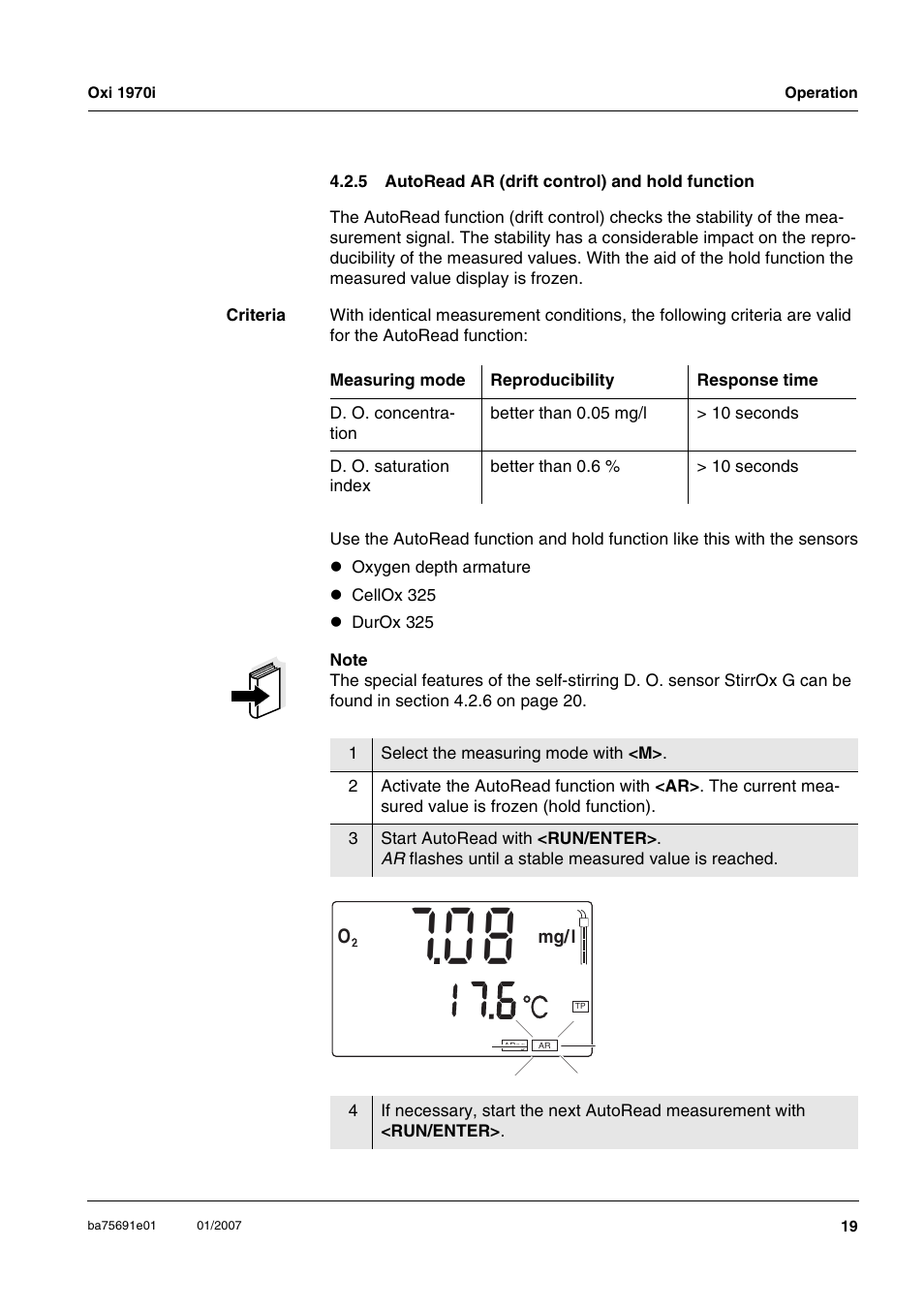 5 autoread ar (drift control) and hold function, Autoread ar (drift control) and hold function | Xylem Oxi 1970i PORTABLE DISSOLVED OXYGEN METERS User Manual | Page 19 / 65