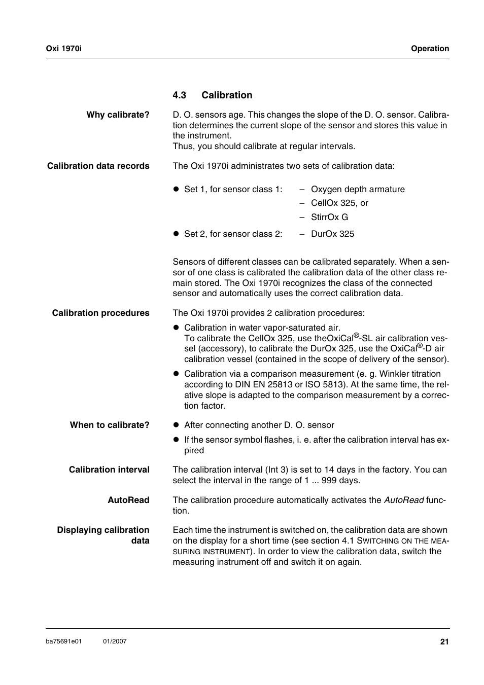 3 calibration, Calibration, Section 4.3 | Xylem Oxi 1970i PORTABLE DISSOLVED OXYGEN METERS User Manual | Page 21 / 65